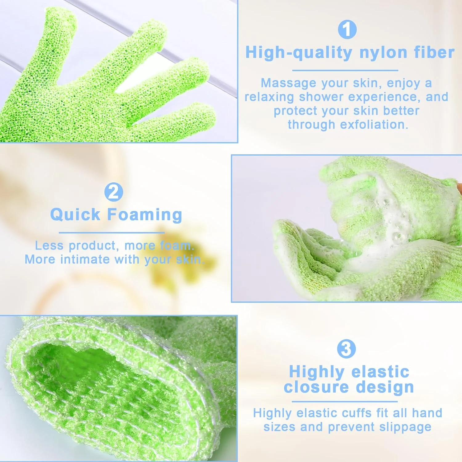 دستکش لایه بردار هومیلادی | 6 عدد دستکش لایه بردار | دستکش اسکراب بدن برای از بین بردن سلول های مرده پوست | دستکش اسکراب بدن قابل استفاده مجدد برای دوش و ماساژ (سبز، آبی، صورتی)