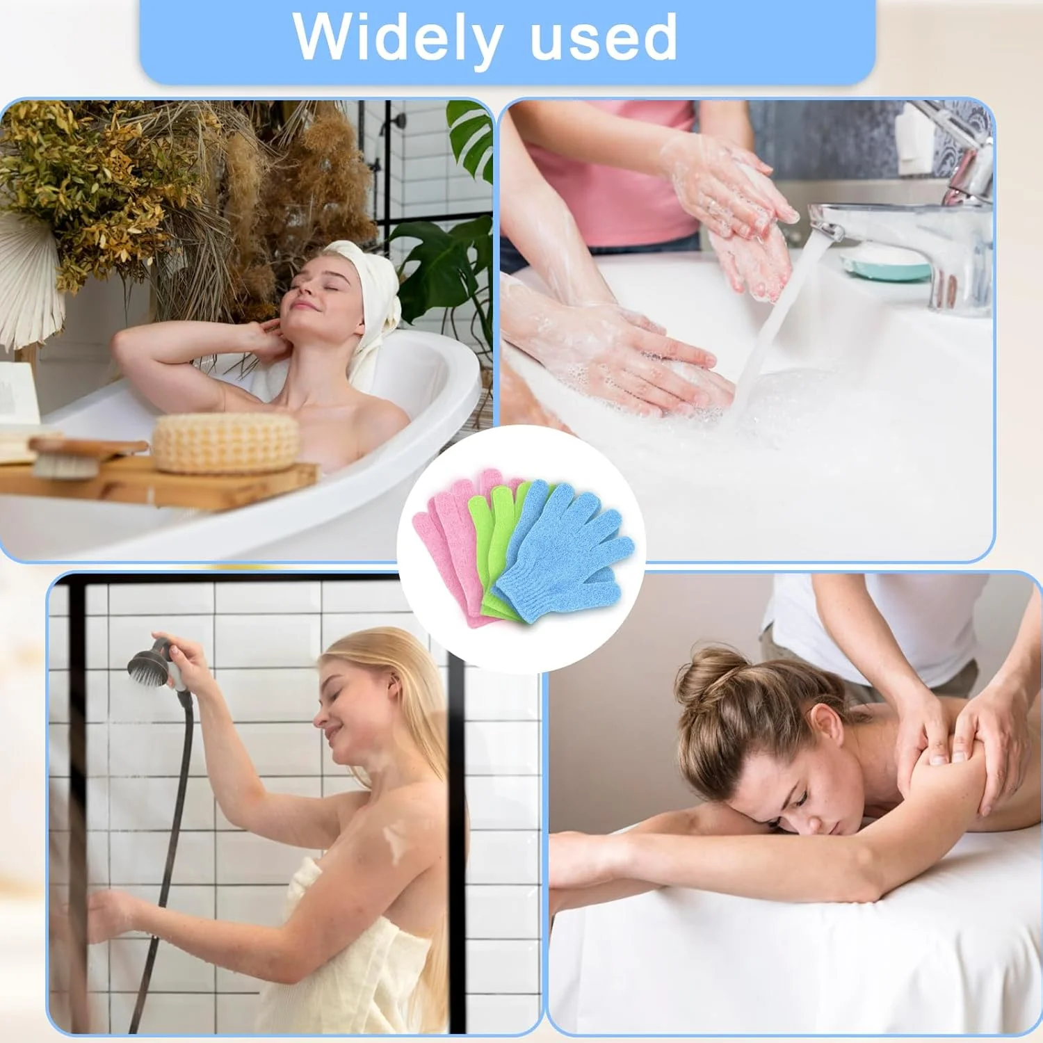 دستکش لایه بردار هومیلادی | 6 عدد دستکش لایه بردار | دستکش اسکراب بدن برای از بین بردن سلول های مرده پوست | دستکش اسکراب بدن قابل استفاده مجدد برای دوش و ماساژ (سبز، آبی، صورتی)