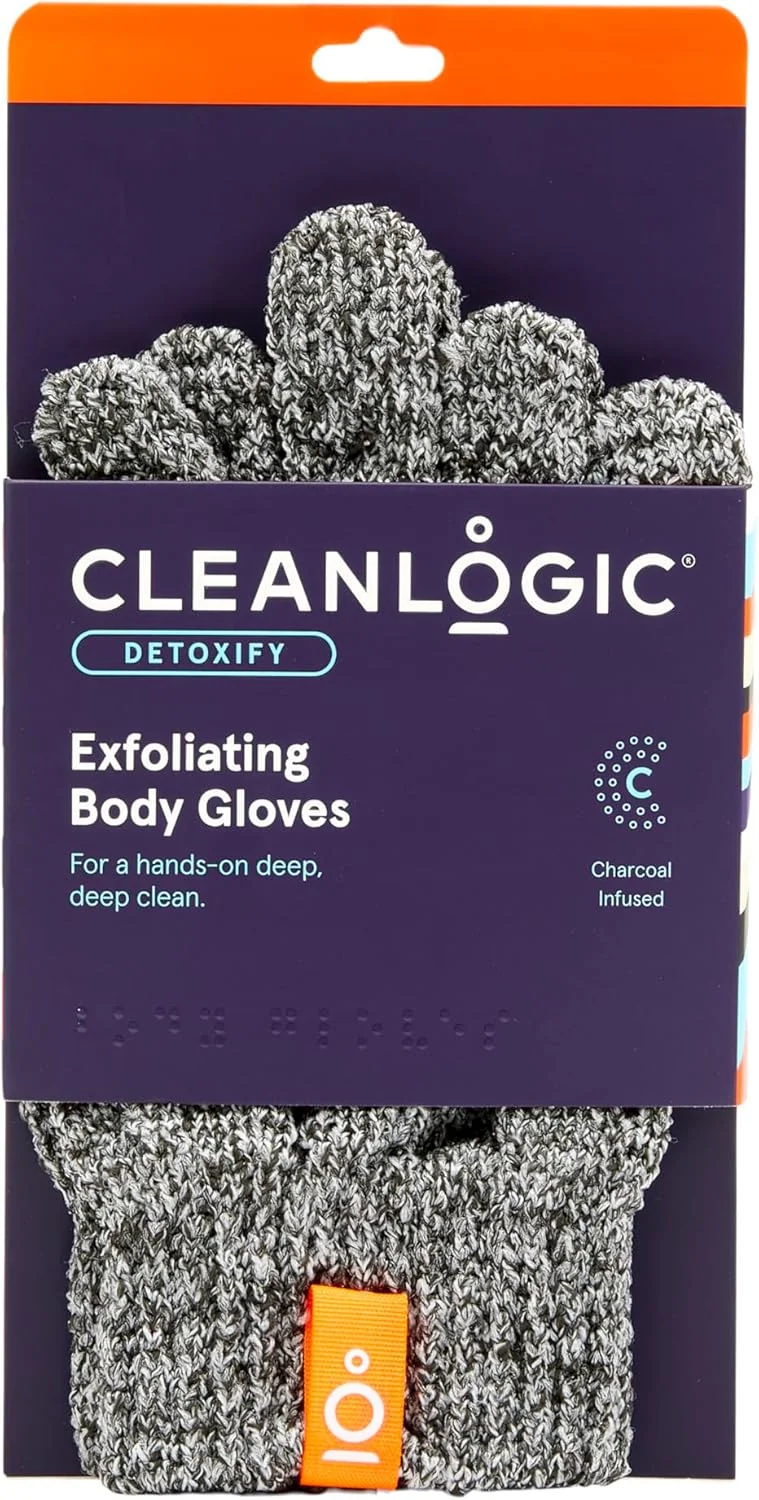 دستکش لایه بردار آغشته به زغال Cleanlogic Detoxify، دستکش حمام و دوش کشسان، ابزار لایه بردار قابل استفاده مجدد برای پوست صاف و نرم، 1 جفت