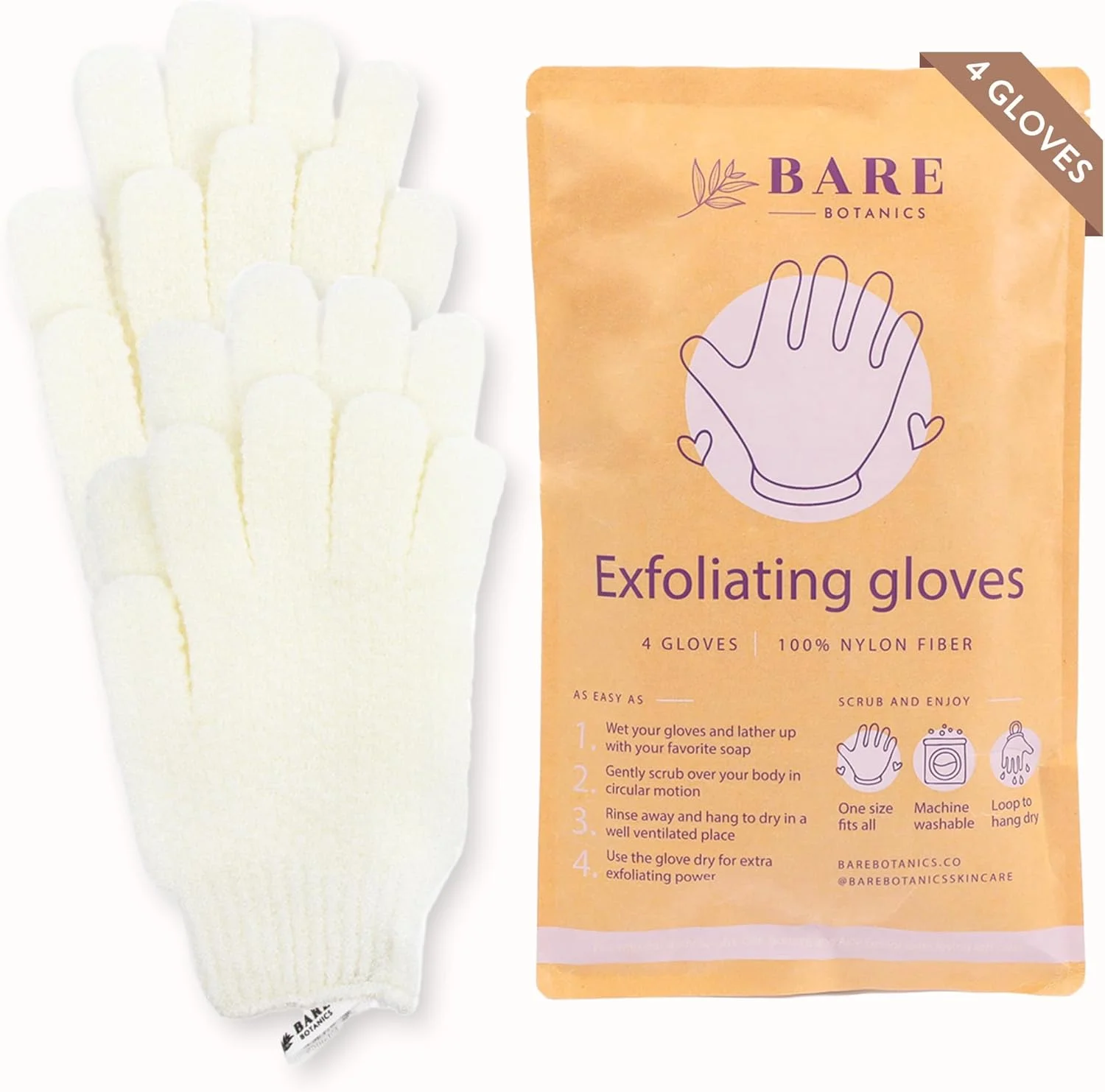 دستکش لایه بردار سفید Bare Botanics بسته 4 عددی مناسب حمام | 100% الیاف نایلونی | دستکش حمام لایه بردار مناسب لایه برداری | دستکش حمام و از بین برنده پوست مرده بدن | دستکش لایه بردار مرطوب و خشک