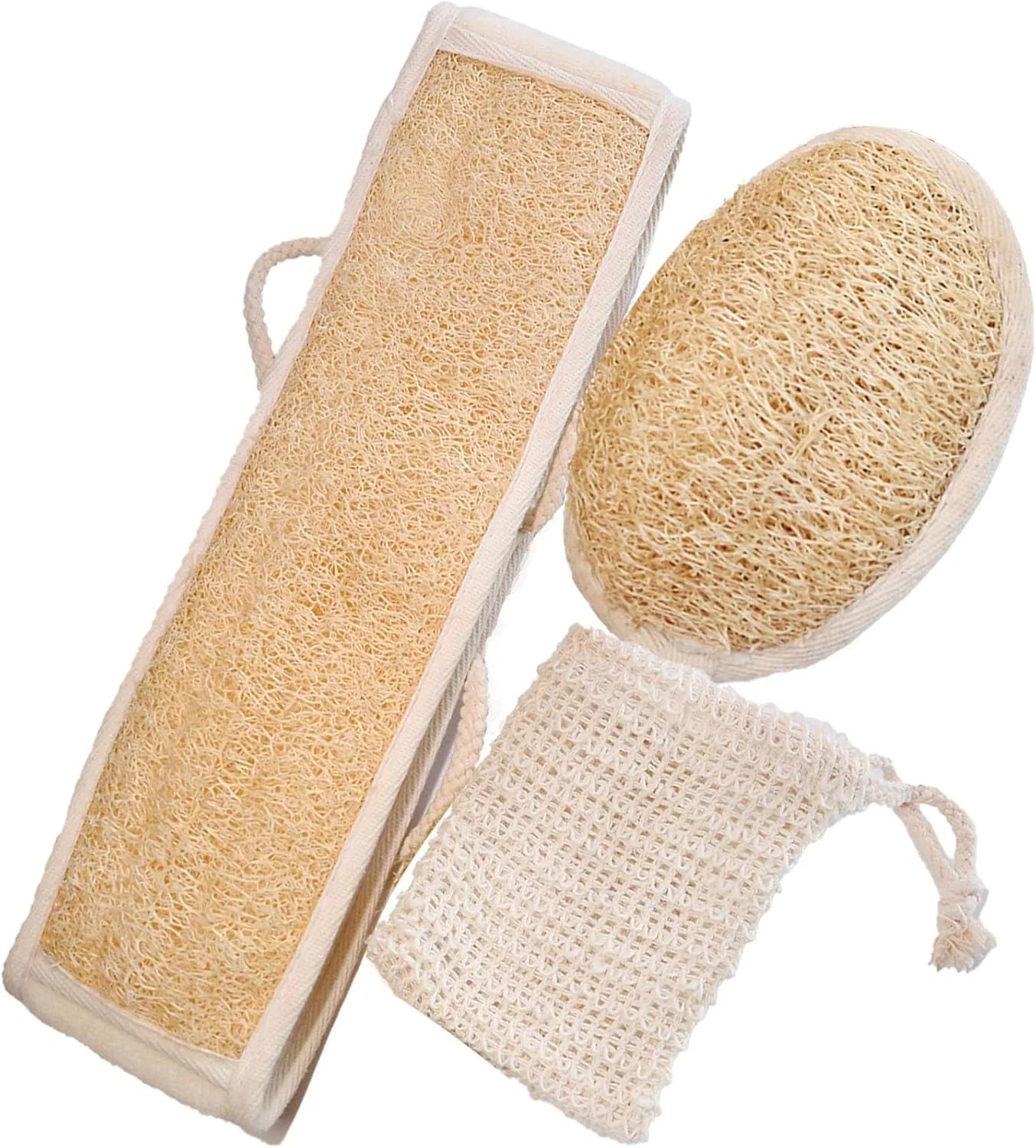 مجموعه حمام لیف لوفا طبیعی JouiiSiYa، کیت اسفنج لوفا لایه بردار با اسکرابر پشت و کیسه صابون سیزال، اسفنج لوفا دوش حمام برای زنان و مردان، برای صورت و بدن - 3 عدد
