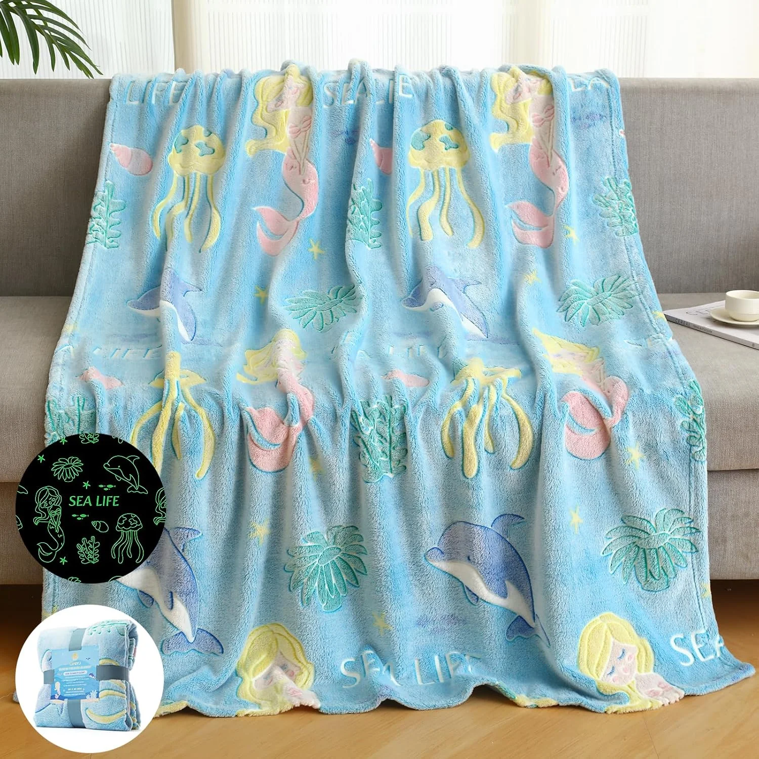 پتوی شب‌تاب LIFEYJ طرح پری دریایی و نهنگ، هدیه‌ای برای دختران و پسران، پتوی نرم زندگی دریایی مناسب دختران ۳، ۴، ۵، ۶، ۷، ۸، ۹ و ۱۰ ساله، اسباب‌بازی دخترانه مناسب کودکان ۶ تا ۸ سال، هدیه تولد برای دختران، سایز 50" x60"