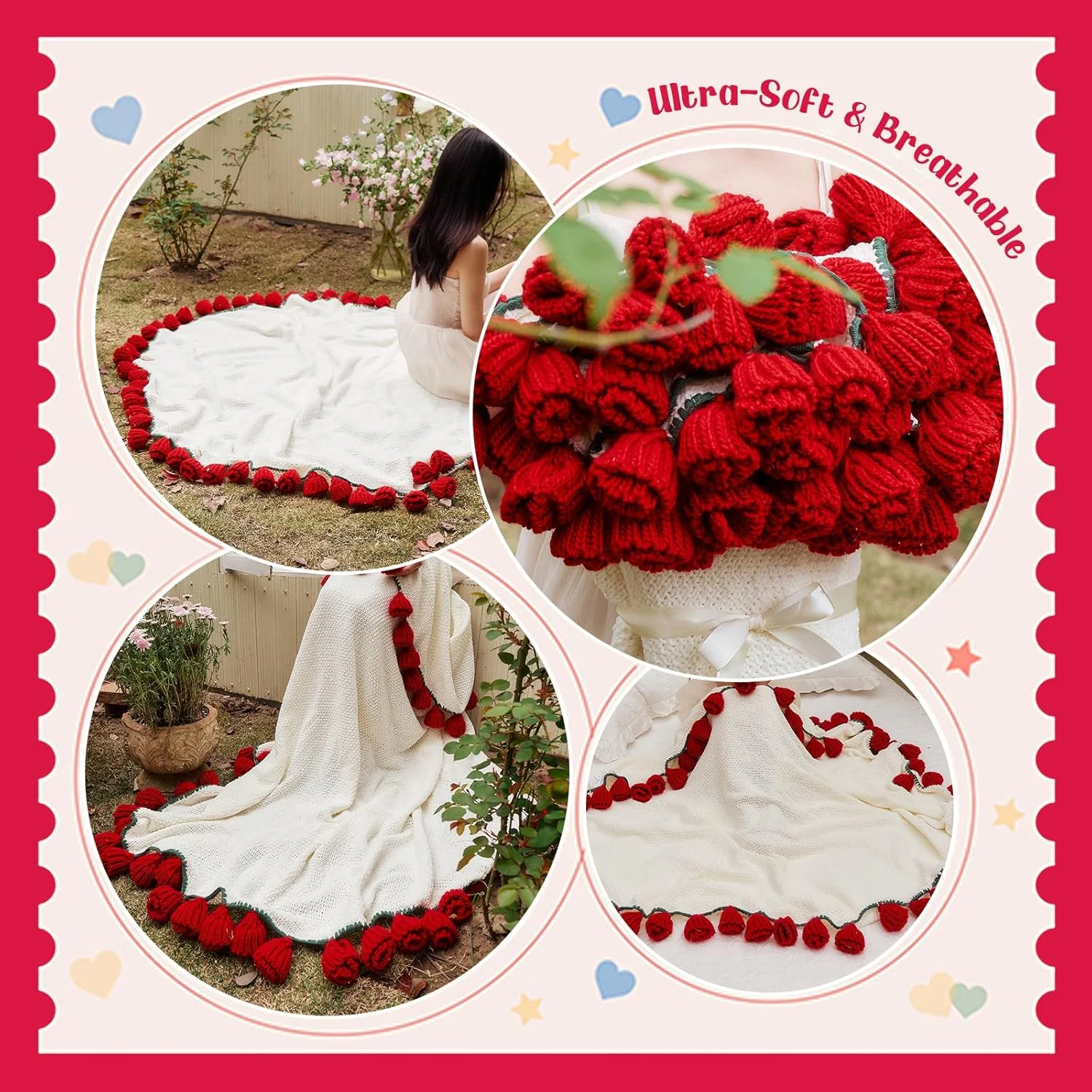 پتو دسته گل رز قلاب بافی LetCartMaker، پتوی رز بافته شده دست ساز، پتوی گلدار بافتنی برای هدیه روز تولد، روز مادر، روز ولنتاین