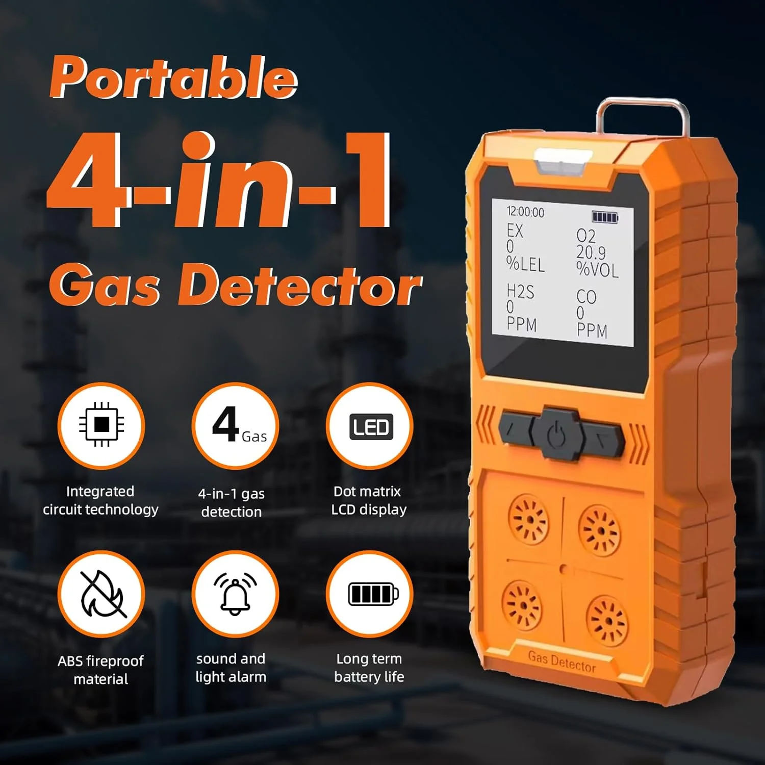 دستگاه تشخیص گاز قابل حمل چهار در یک، تستر و آنالایزر گاز شامل اکسیژن، گازهای قابل اشتعال، مونوکسید کربن و سولفید هیدروژن. دارای صفحه نمایش LCD قابل شارژ با قابلیت هشدار صوتی، نوری و لرزشی. تستر کیفیت هوا.