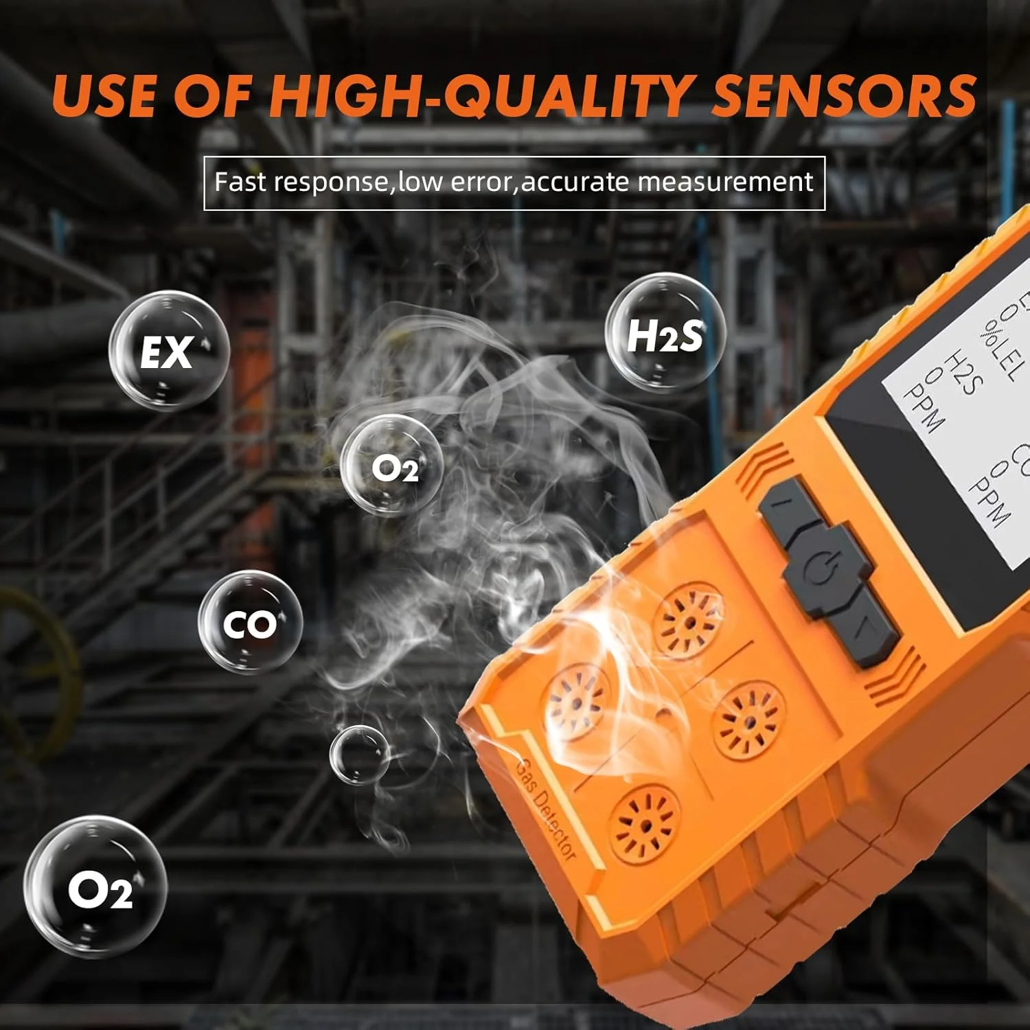 دستگاه تشخیص گاز قابل حمل چهار در یک، تستر و آنالایزر گاز شامل اکسیژن، گازهای قابل اشتعال، مونوکسید کربن و سولفید هیدروژن. دارای صفحه نمایش LCD قابل شارژ با قابلیت هشدار صوتی، نوری و لرزشی. تستر کیفیت هوا.