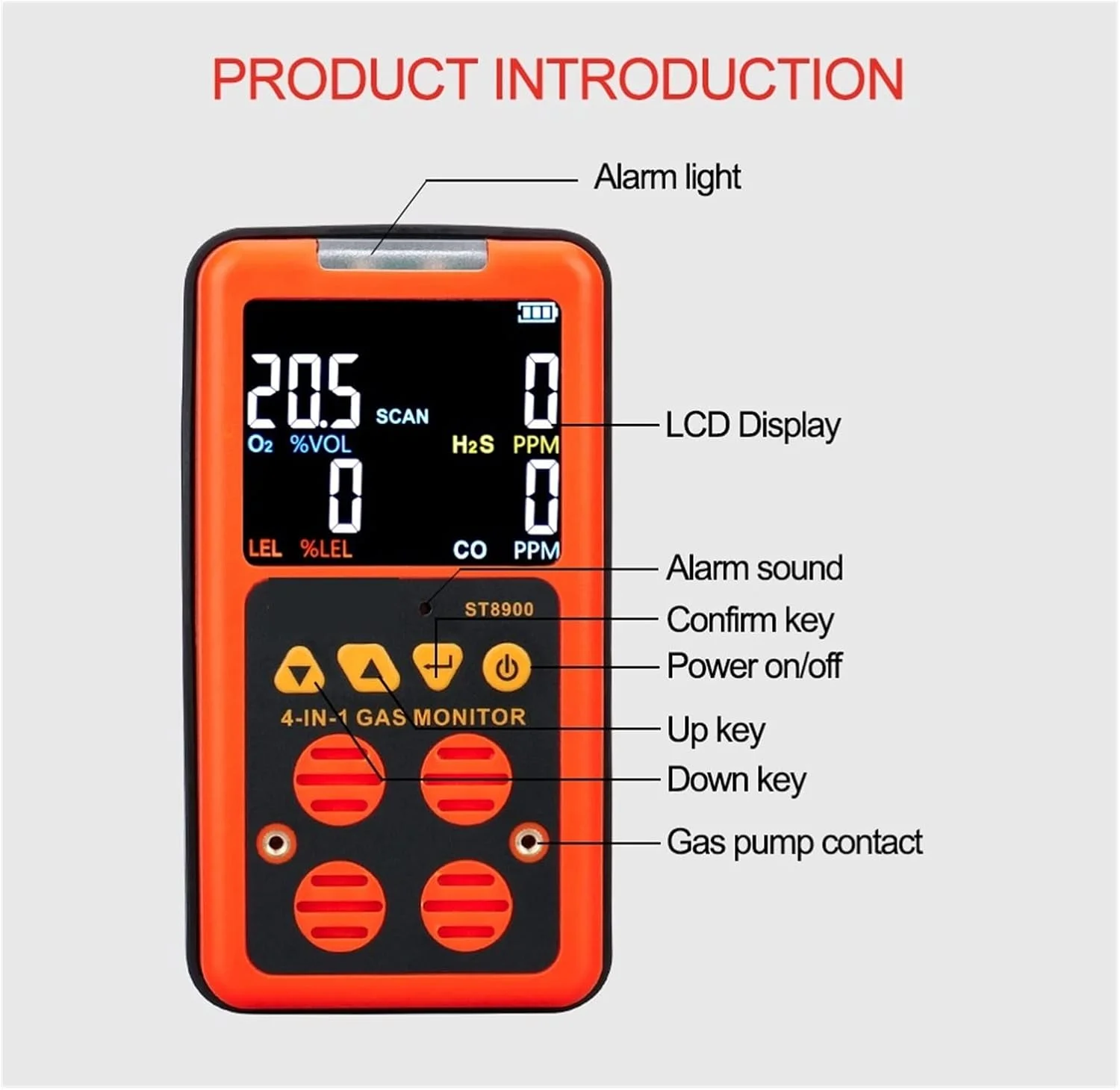 دستگاه سنجش کیفیت هوا SJHDKLW، مانیتور گاز 4 در 1، ردیاب چندگانه گاز، مانیتور گاز اکسیژن O2، سولفید هیدروژن H2S، مونوکسید کربن CO، گاز قابل احتراق LEL، آنالایزر گاز