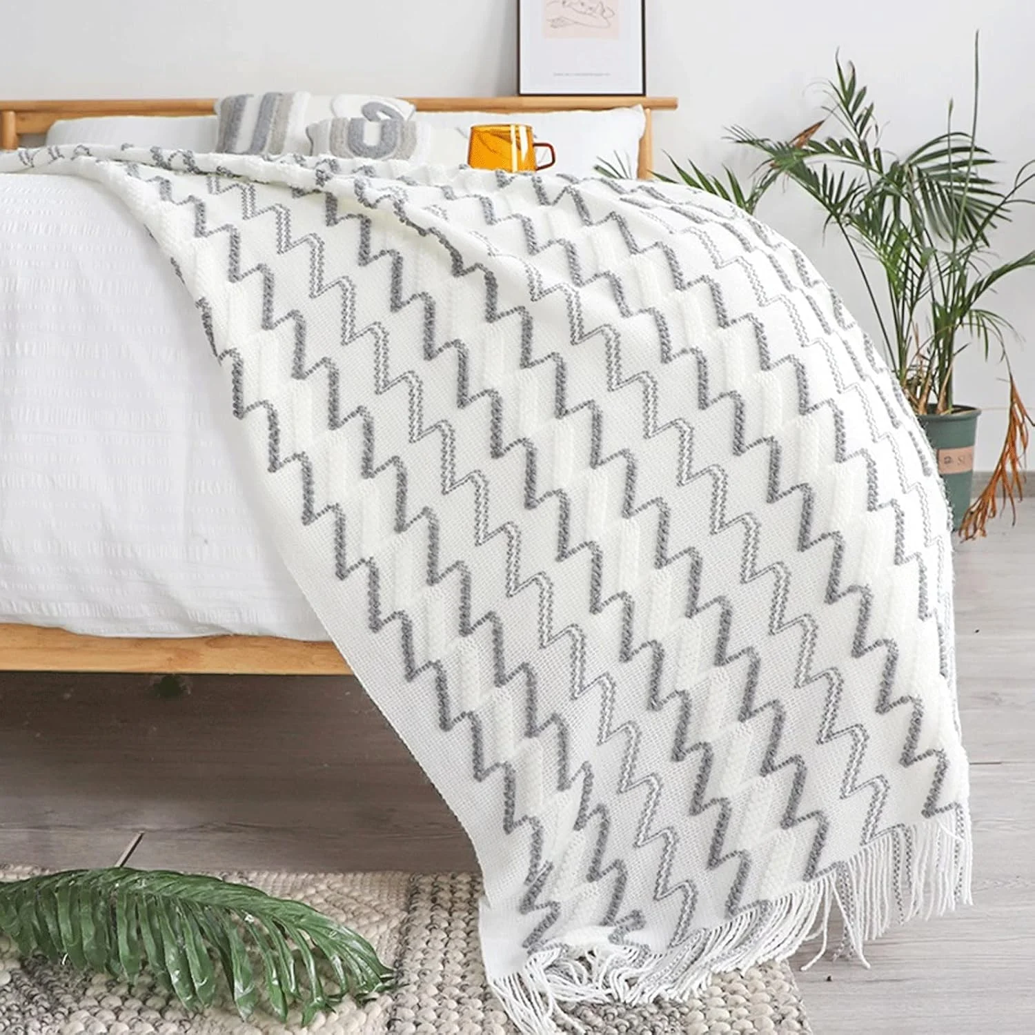 پتو KRSIAXG طرح مدرن خاکستری و سفید بافتنی، شال، مناسب اتاق مدل، حوله مبل، دکوراسیون منزل، هتل، حوله انتهای تخت، پتوی نرم (130x230 سانتی متر)