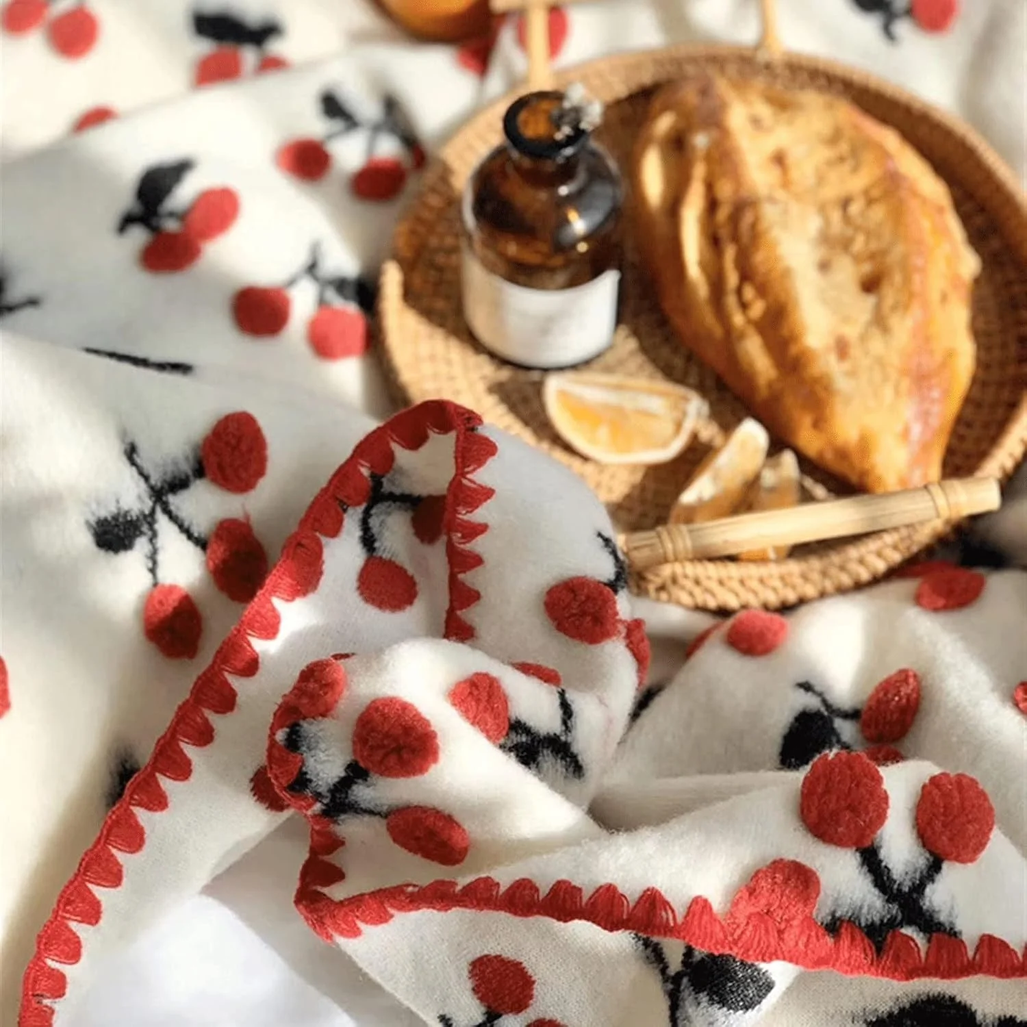 پتو KRSIAXG طرح گیلاس، ژاکارد پشمی، ترکیبی شیرین، مناسب تختخواب، پتو گرم، زنانه (70X100 سانتی متر)