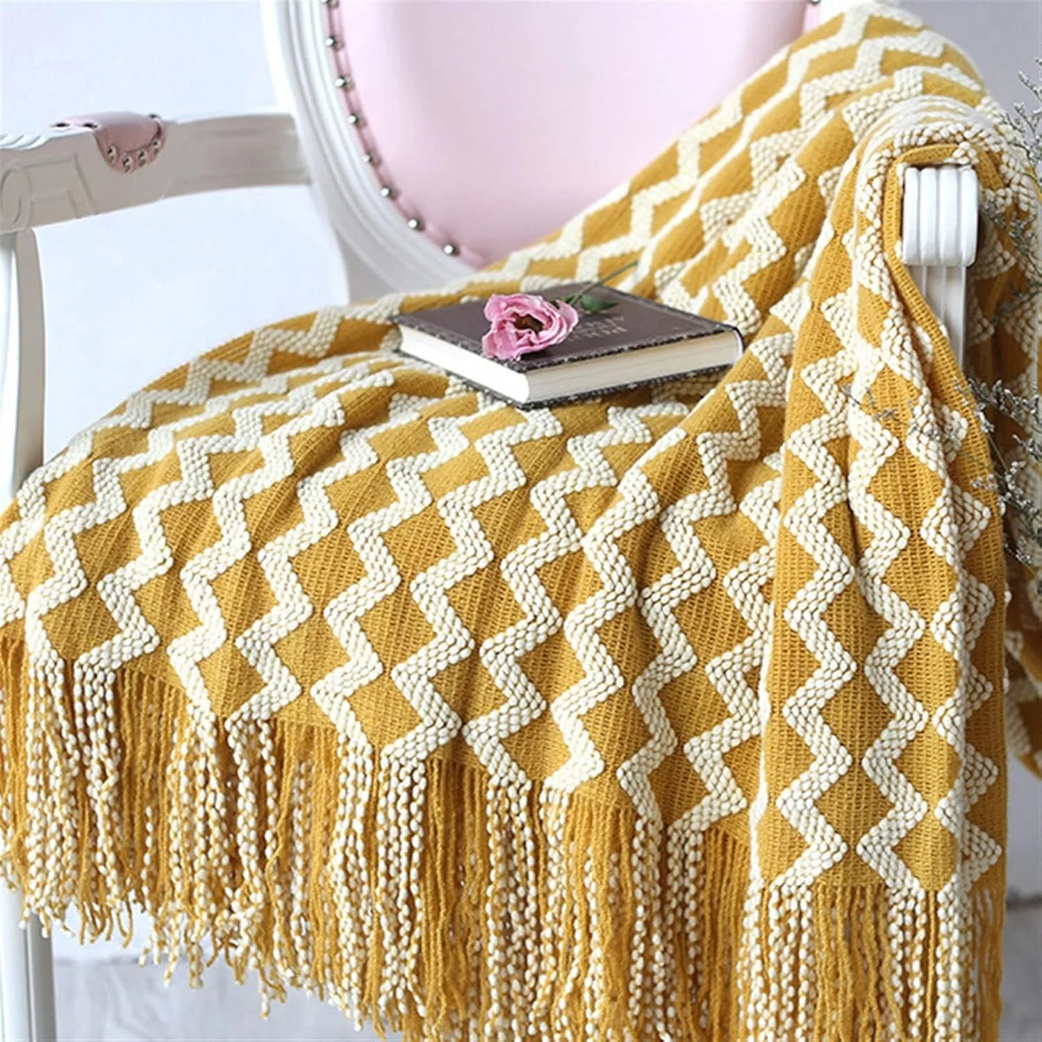 پتو بافتنی KRSIAXG، پتو مبل، تخت خواب، پتوهای تزئینی منگوله دار، پتو مسافرتی، حوله تخت، رومیزی چهارخانه