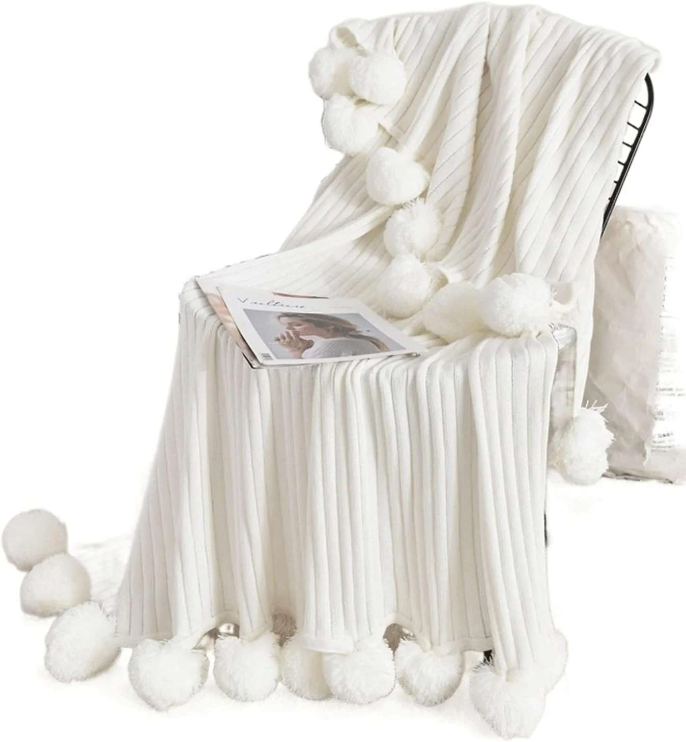 پتو KRSIAXG، پتوی شیک بافتنی با توپک، رو تختی ضخیم برای تخت، دکور مبل، پتوهای خانگی (سفید)