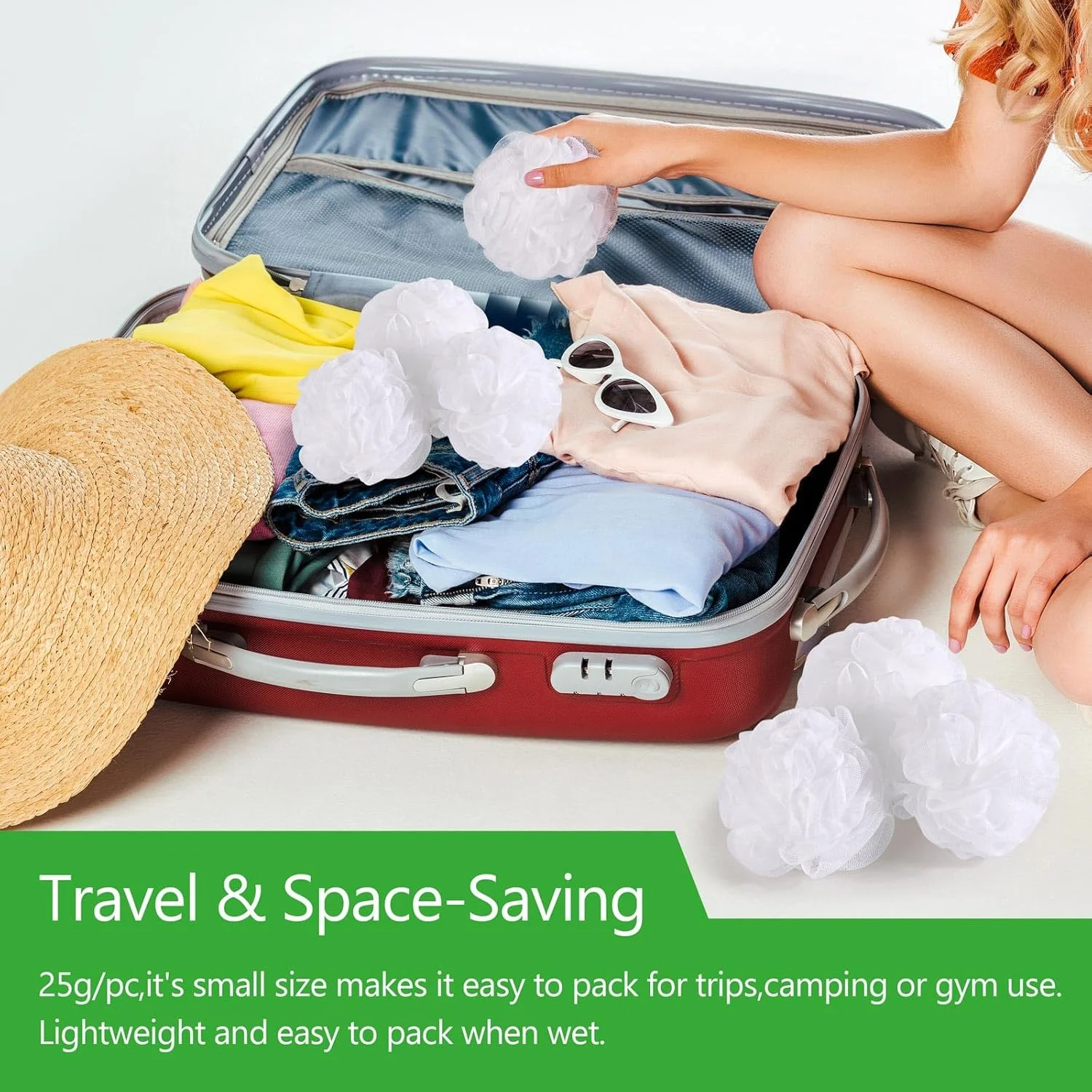 لیف حمام کوچک مسافرتی 8 عددی، اسفنج 35 گرمی، پوف توری لایه بردار - سفید