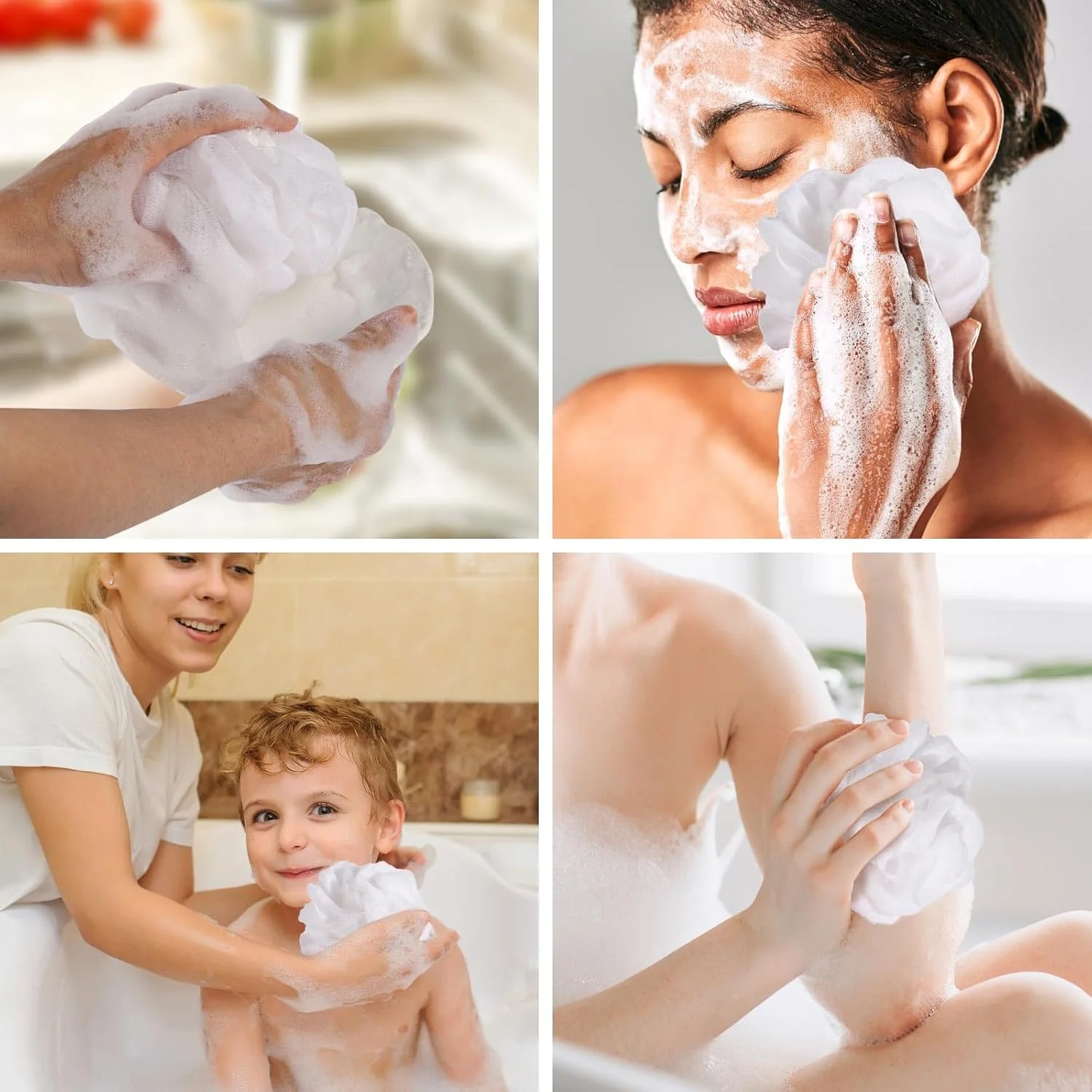 لیف حمام کوچک مسافرتی 8 عددی، اسفنج 35 گرمی، پوف توری لایه بردار - سفید