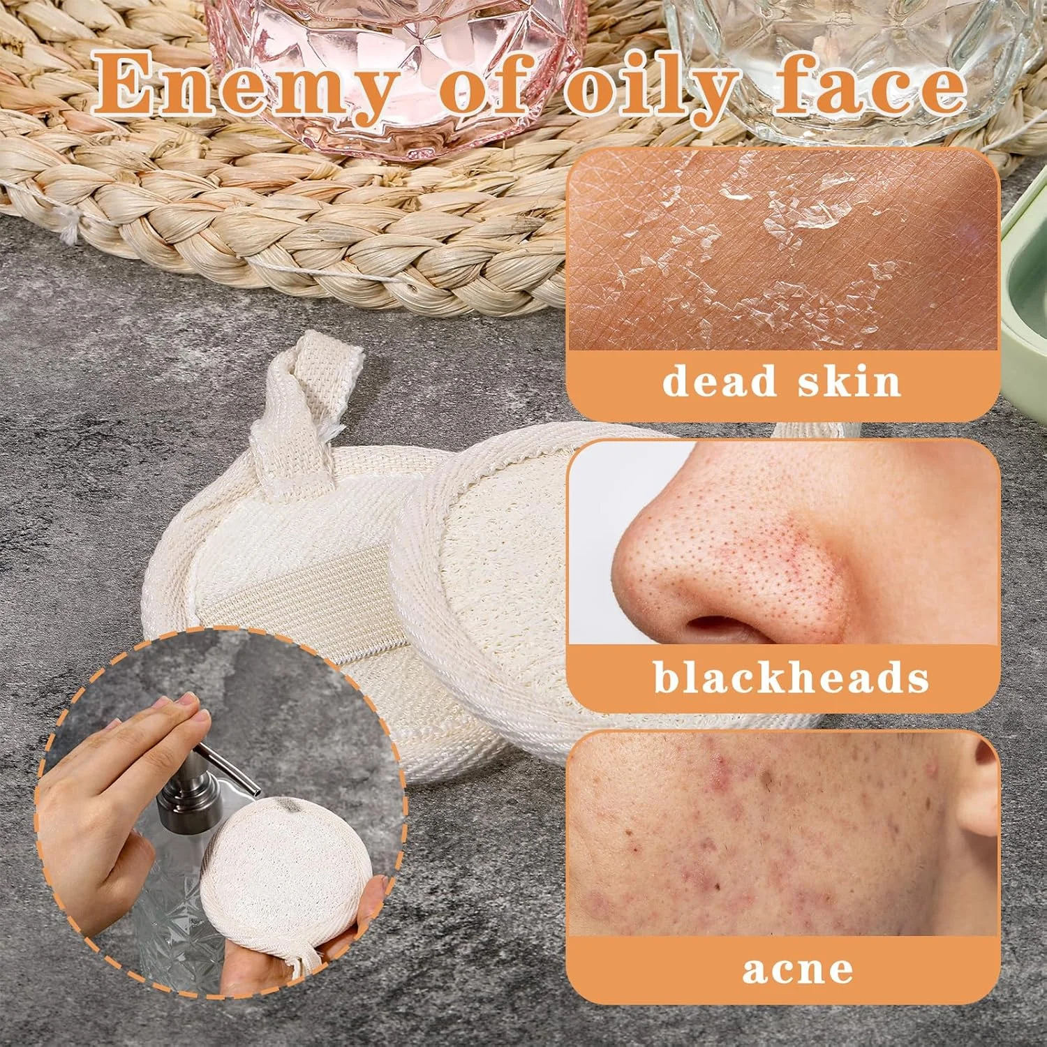 اسکرابر لوفا طبیعی صورت، پد لوفا ارگانیک صورت، پد اسفنجی لوفا برای حمام و آرایش، برس لایه بردار صورت برای پاکسازی عمیق پوست مرده بانوان و دختران، 4 عدد