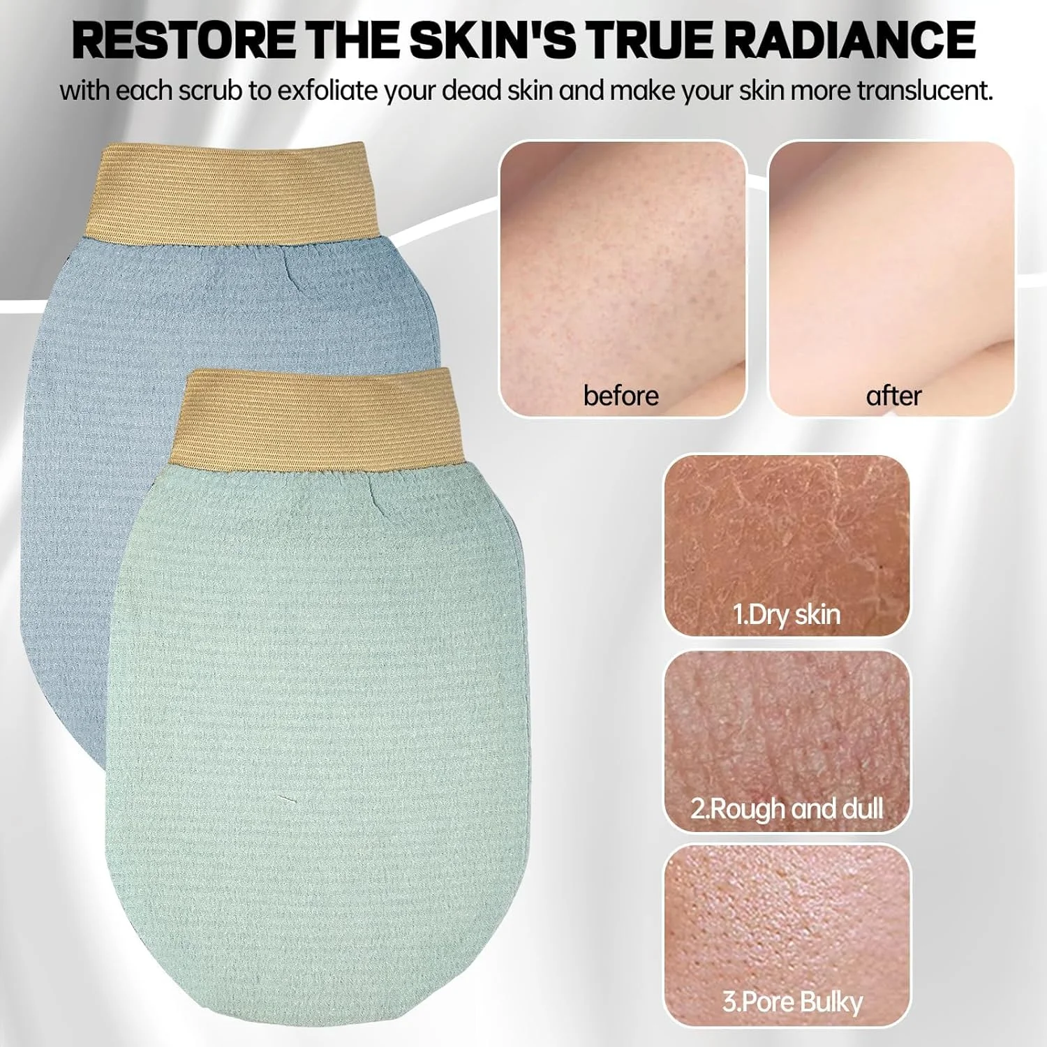 دستکش لایه بردار 3 جفتی: دستکش پاک کننده عمیق کره ای برای بدن و صورت - لیف اسکراب دوش برای پوست صاف، از بین برنده پوست مرده - لایه برداری اسپا، حمام و حمام ترکی - مناسب برای حمام، زنانه و مردانه