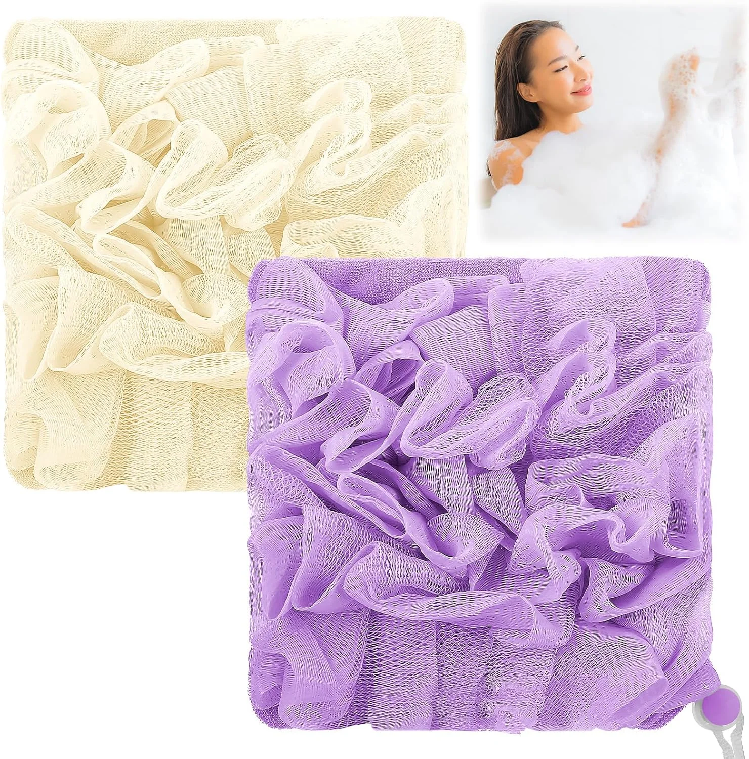 مجموعه 2 عددی لیف و لوفا، اسفنج لوفا صابونی 2 در 1 با بند، لیف حمام دو طرفه، توپ توری لایه بردار برای پاکسازی صورت و بدن و داشتن پوستی صاف.