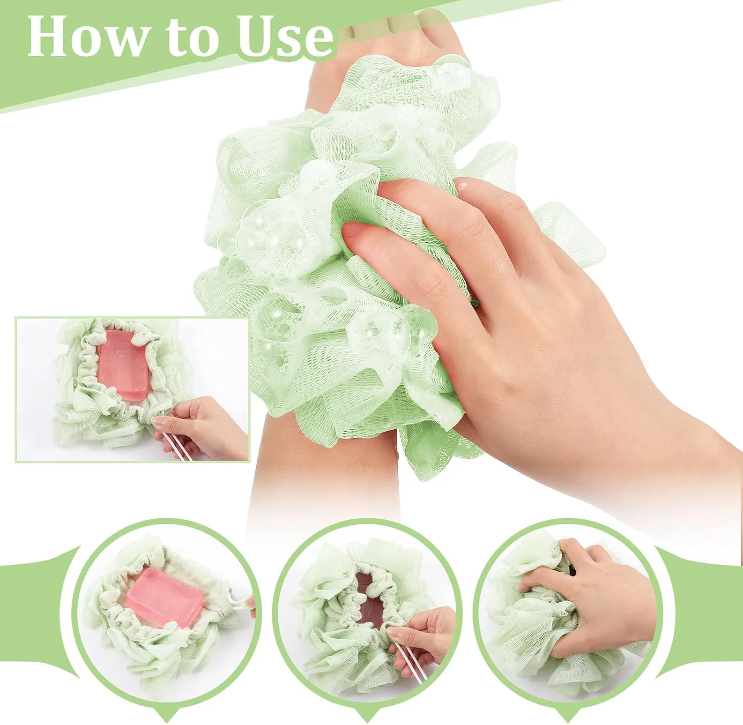 مجموعه 2 عددی لیف حمام و لوفا، اسفنج لوفا صابونی 2 در 1 با بند کشی، توپ توری لایه بردار اسکرابر بدن، لیف حمام دو طرفه برای پاکسازی صورت و بدن برای داشتن پوستی صاف.