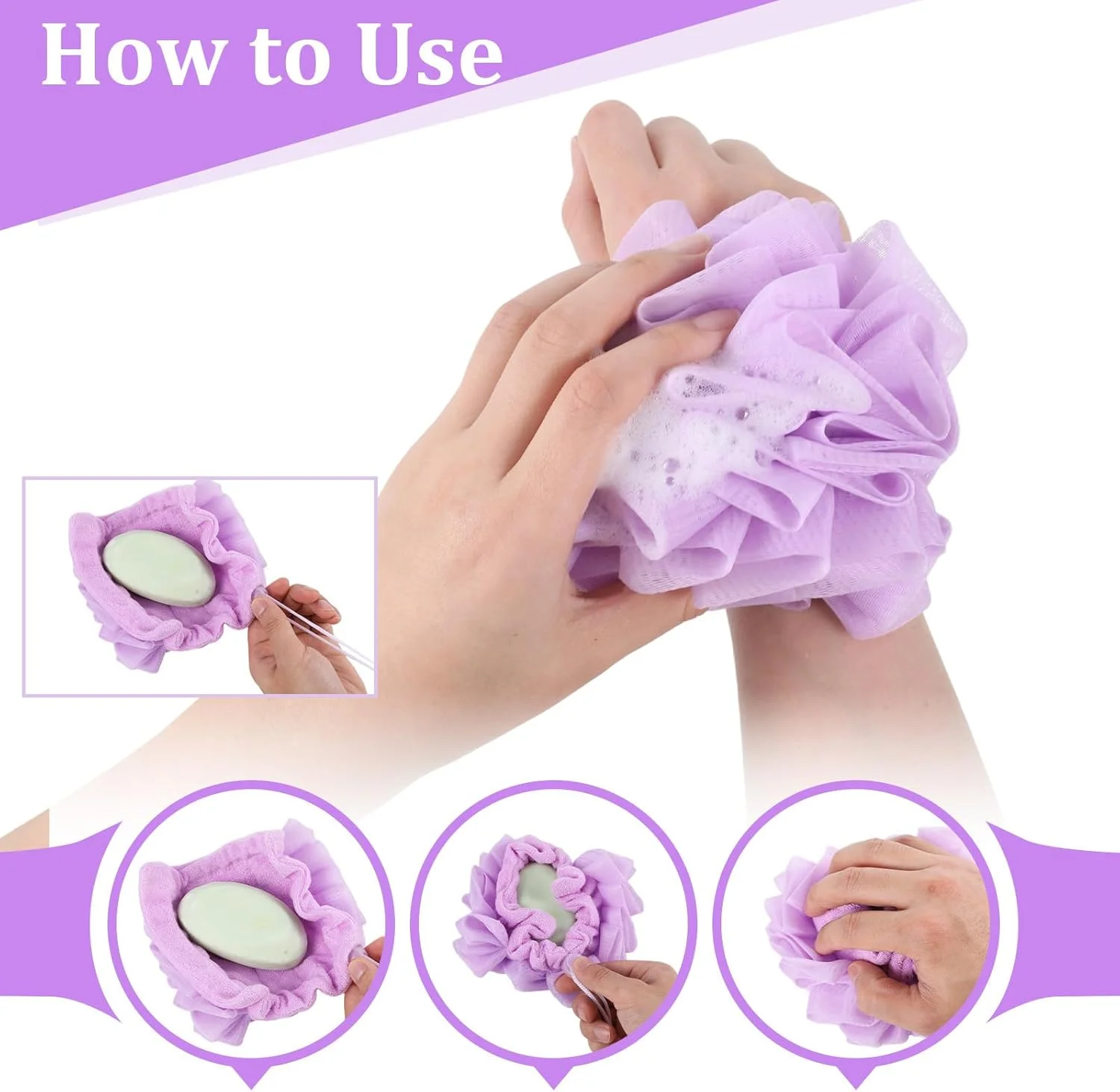 مجموعه 2 عددی لیف و لوفا، اسفنج لوفا صابونی 2 در 1 با بند، لیف حمام دو طرفه، توپ توری لایه بردار برای پاکسازی صورت و بدن و داشتن پوستی صاف.