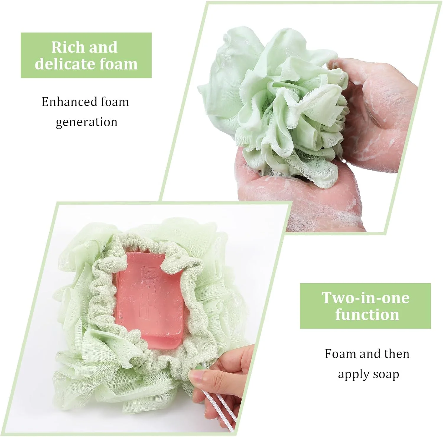 مجموعه 2 عددی لیف حمام و لوفا، اسفنج لوفا صابونی 2 در 1 با بند کشی، توپ توری لایه بردار اسکرابر بدن، لیف حمام دو طرفه برای پاکسازی صورت و بدن برای داشتن پوستی صاف.