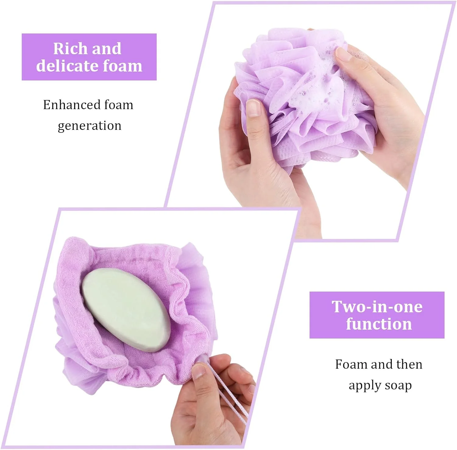 مجموعه 2 عددی لیف و لوفا، اسفنج لوفا صابونی 2 در 1 با بند، لیف حمام دو طرفه، توپ توری لایه بردار برای پاکسازی صورت و بدن و داشتن پوستی صاف.