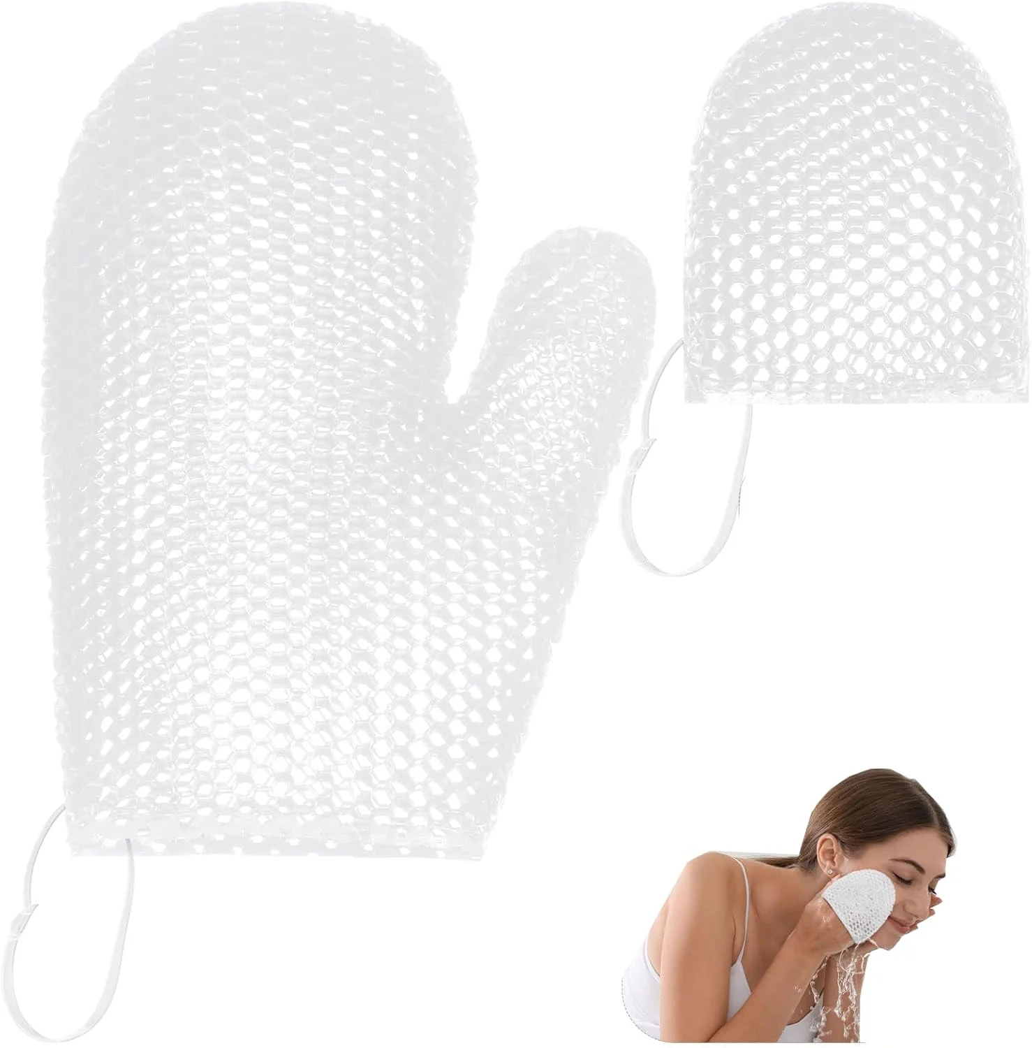 ست دستکش لایه بردار لانه زنبوری 2 عددی، دستکش اسکراب بدن و صورت، اسفنج دستکش حمام لانه زنبوری برای پاکسازی پوست، اسپا زیبایی (سفید)