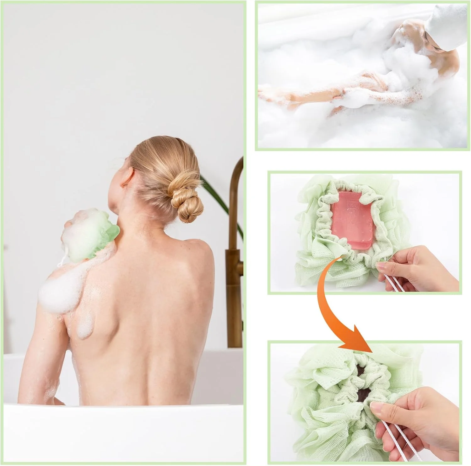 مجموعه 2 عددی لیف حمام و لوفا، اسفنج لوفا صابونی 2 در 1 با بند کشی، توپ توری لایه بردار اسکرابر بدن، لیف حمام دو طرفه برای پاکسازی صورت و بدن برای داشتن پوستی صاف.