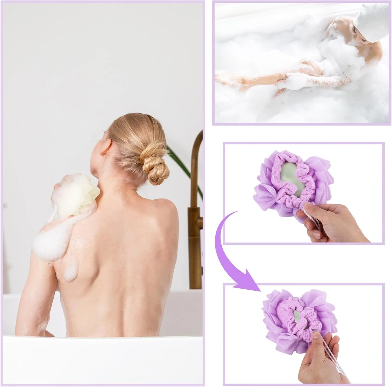 مجموعه 2 عددی لیف و لوفا، اسفنج لوفا صابونی 2 در 1 با بند، لیف حمام دو طرفه، توپ توری لایه بردار برای پاکسازی صورت و بدن و داشتن پوستی صاف.