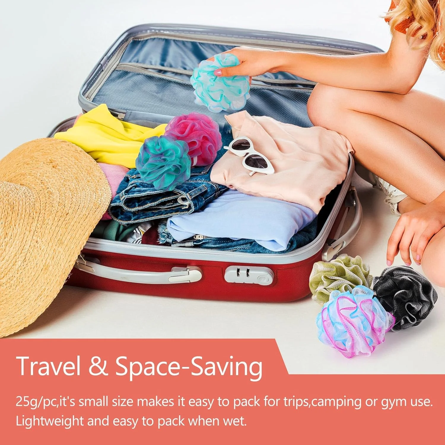 12 عدد اسفنج حمام کوچک لیف مسافرتی، 25 گرم در هر عدد، پف دوش توری، اسکرانچی حمام لایه بردار - چند رنگ