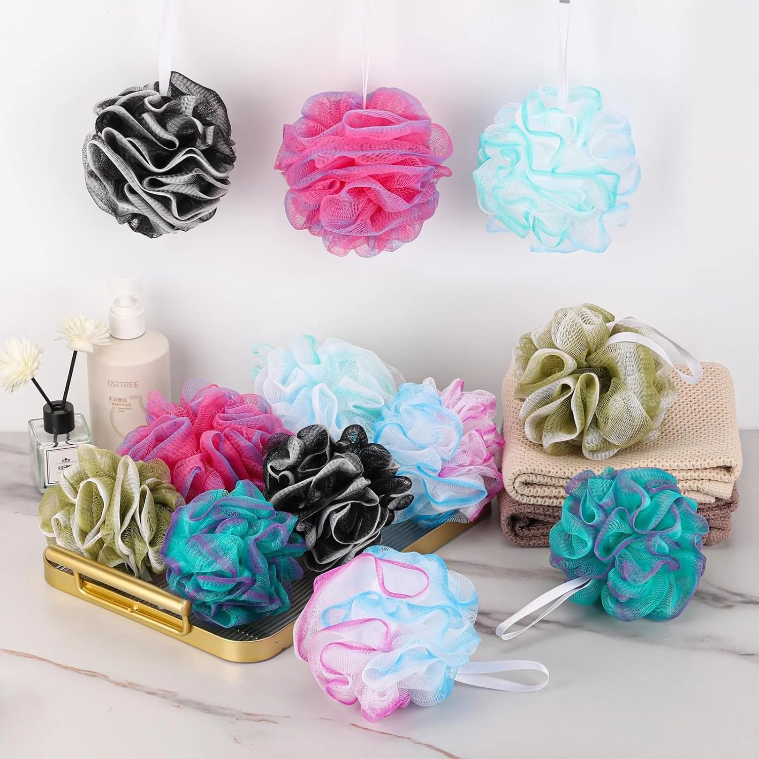 12 عدد اسفنج حمام کوچک لیف مسافرتی، 25 گرم در هر عدد، پف دوش توری، اسکرانچی حمام لایه بردار - چند رنگ
