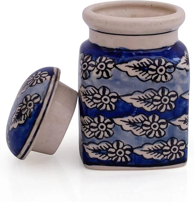 Decorative Ceramic Jar With Lid For Kitchen Pantry Countertop Home Dining Table Accessories Condiment Pickle Spice Coffee Tea Caddy Sugar Salt Herbs Food Storage Canister Holder Hand Painted