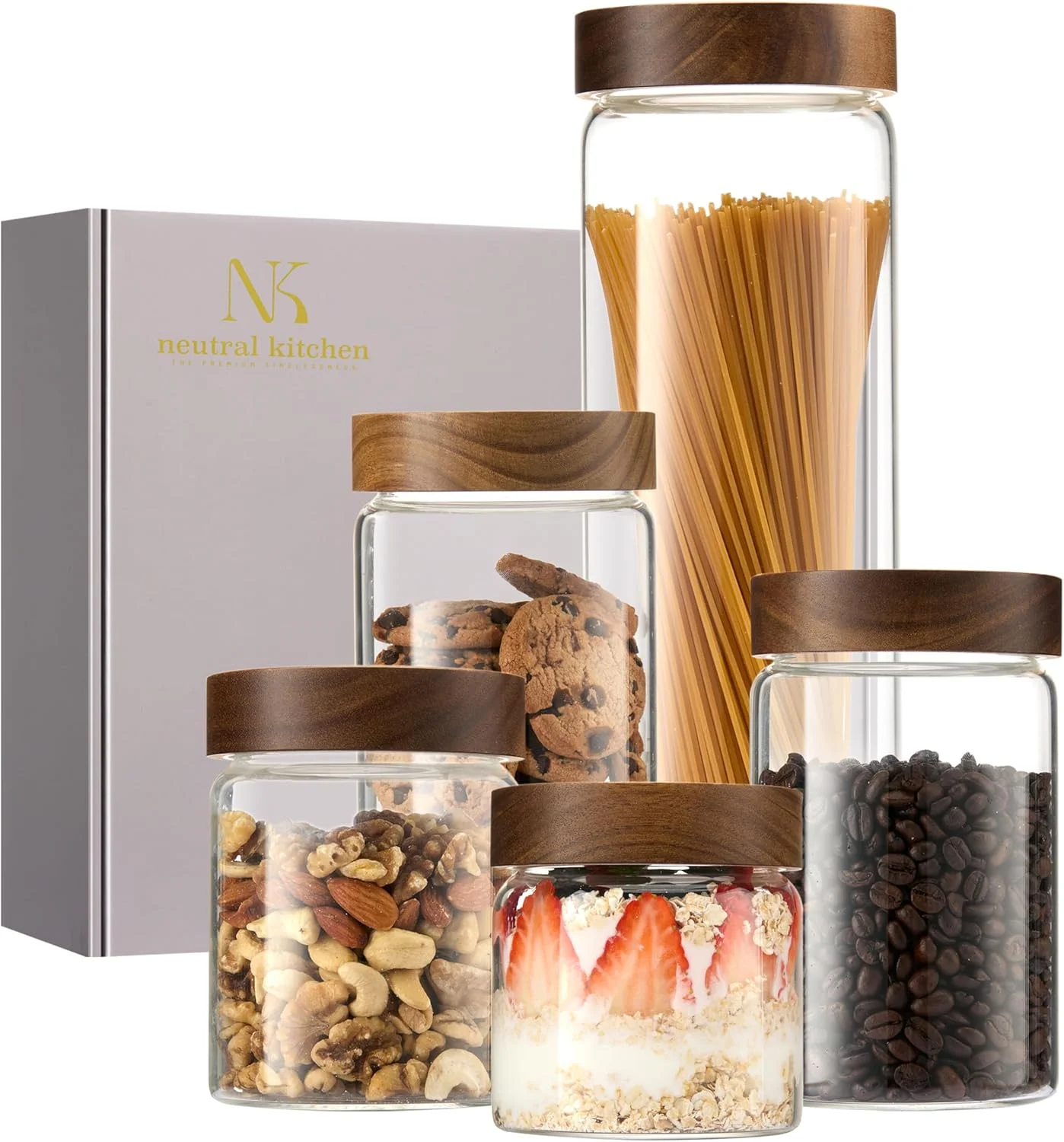 ست 5 تایی ظروف شیشه ای خنثی آشپزخانه با درب چوبی اقاقیا، ظروف نگهداری مواد غذایی دربسته برای سازماندهی کابینت آشپزخانه، مناسب برای اسپاگتی، آرد، شکر، قهوه، چای، جو دوسر و ماست ست 5 تایی ظروف شیشه ای خنثی آشپزخانه با درب چوبی اقاقیا، ظروف نگهداری مواد غذایی دربسته برای سازماندهی کابینت آشپزخانه، مناسب برای اسپاگتی، آرد، شکر، قهوه، چای، جو دوسر و ماست