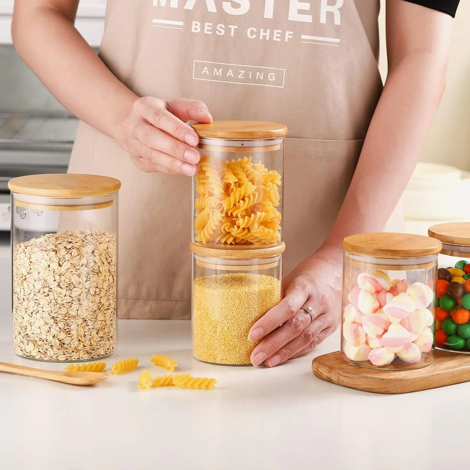 ست ظروف شیشه ای قهوه و شکر ZDZDZ، ظروف آشپزخانه تزئینی 450 میلی لیتری با درب بامبو، ظروف قابل چیدن در انبار، ست 3 عددی ظروف شیشه ای کوچک درب دار برای نگهداری مواد غذایی