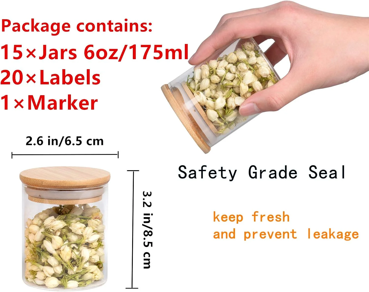 ست 15 تکه ظروف شیشه ای ذخیره سازی سودسای با درب های بامبو و برچسب های هواگیر، ظروف شیشه ای ادویه 6 اونسی، ظروف کوچک ذخیره سازی مواد غذایی برای آشپزخانه منزل، انبار، چای، شکر، نمک، قهوه، آرد، گیاهان، غلات