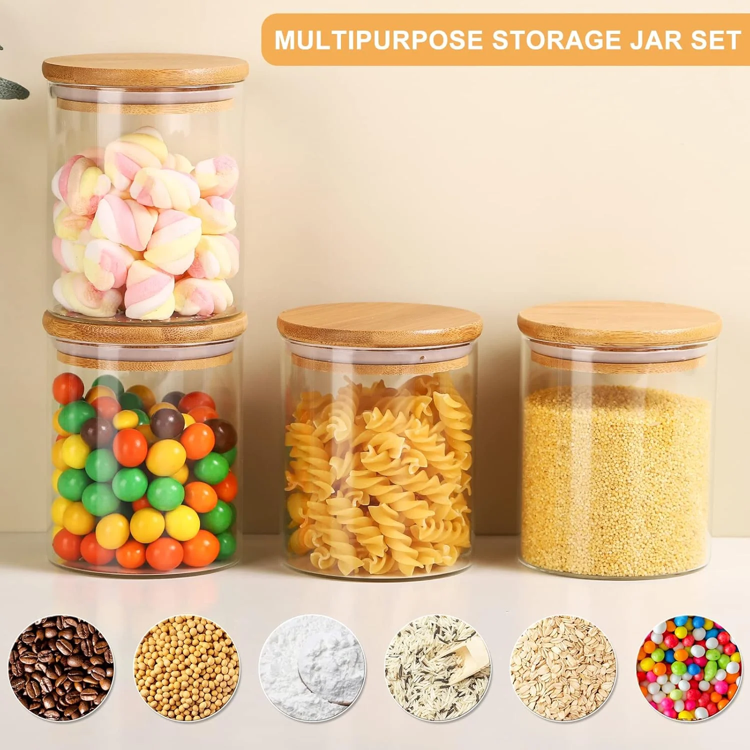ست ظروف شیشه ای قهوه و شکر ZDZDZ، ظروف آشپزخانه تزئینی 450 میلی لیتری با درب بامبو، ظروف قابل چیدن در انبار، ست 3 عددی ظروف شیشه ای کوچک درب دار برای نگهداری مواد غذایی