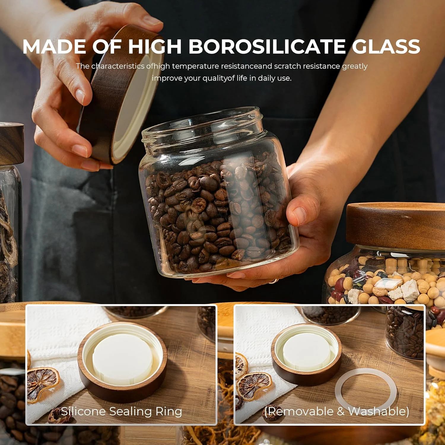 ظروف شیشه ای ذخیره سازی Piconesper با درب های محکم، ظرف قهوه 850 میلی لیتری با درب چوبی، قوطی شیشه ای انبار برای حبوبات، برنج، شکر و غیره، 1 عدد