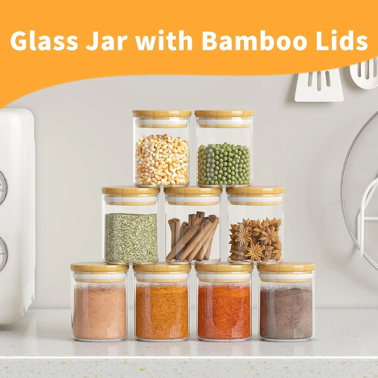 ست 15 تکه ظروف شیشه ای ذخیره سازی سودسای با درب های بامبو و برچسب های هواگیر، ظروف شیشه ای ادویه 6 اونسی، ظروف کوچک ذخیره سازی مواد غذایی برای آشپزخانه منزل، انبار، چای، شکر، نمک، قهوه، آرد، گیاهان، غلات
