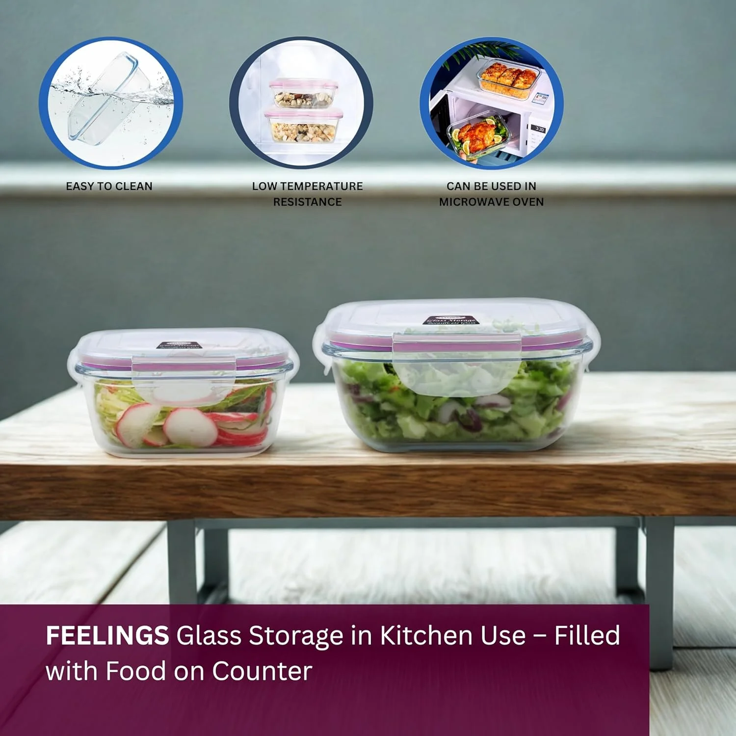 FEELINGS Glass Food Storage Containers Square, 400ml and 600ml with Silicone Strip, Leak-Proof,Pink FEELINGS Glass Food Storage Containers Square, 400ml and 600ml with Silicone Strip, Leak-Proof,Pink