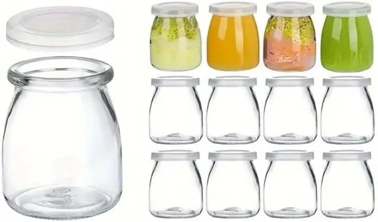 12 عدد شیشه ماست 200 میلی لیتری، شیشه پودینگ با درب، ظرف شیشه ای با درب برای شیر، مربا، ژله، موس، تهیه ماست، مربا، ژله، موس و عسل - قابل استفاده مجدد، ظروف گرد برای نگهداری در آشپزخانه منزل