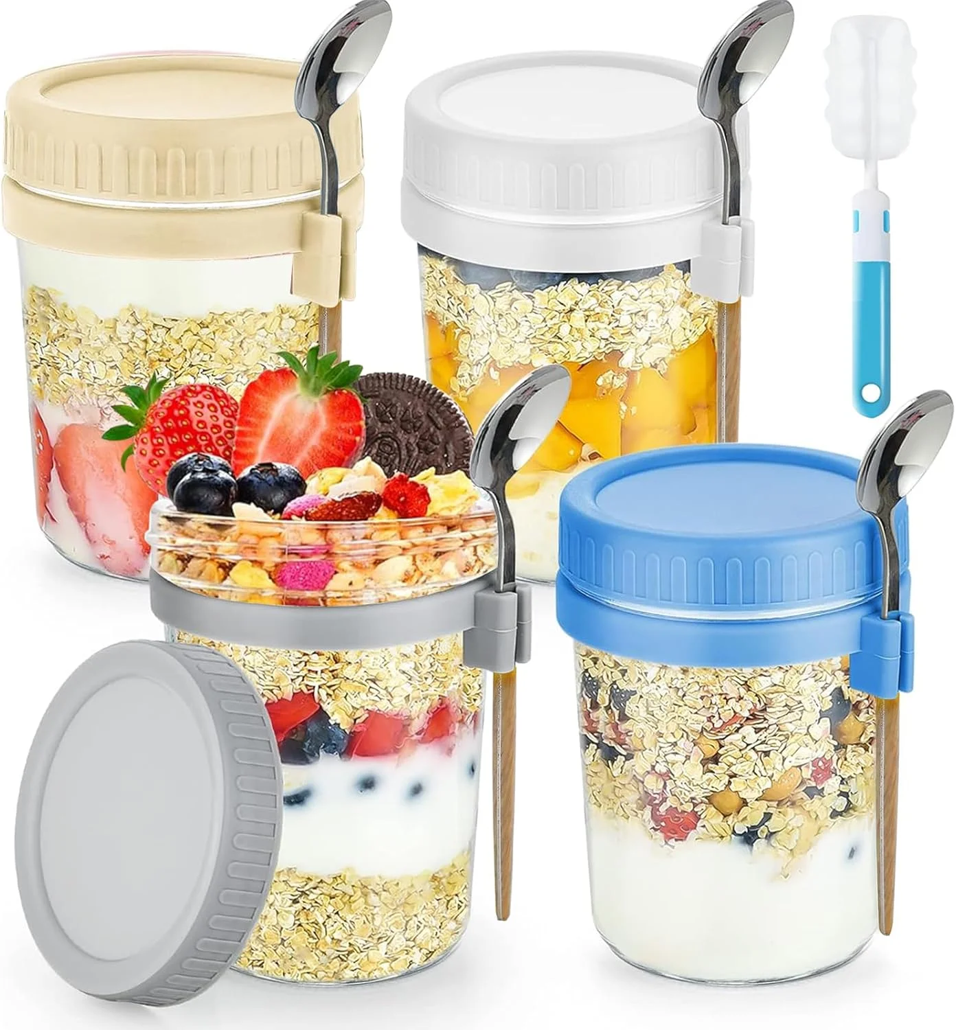 ظروف شیشه ای جو دوسر Yoawllty، بسته 4 عددی، شیشه مربا با درب و قاشق، ظروف شیشه ای 470 میلی لیتری برای جو دوسر، ظروف مناسب برای غلات، میوه، سبزیجات، شیر، سالاد، ماست