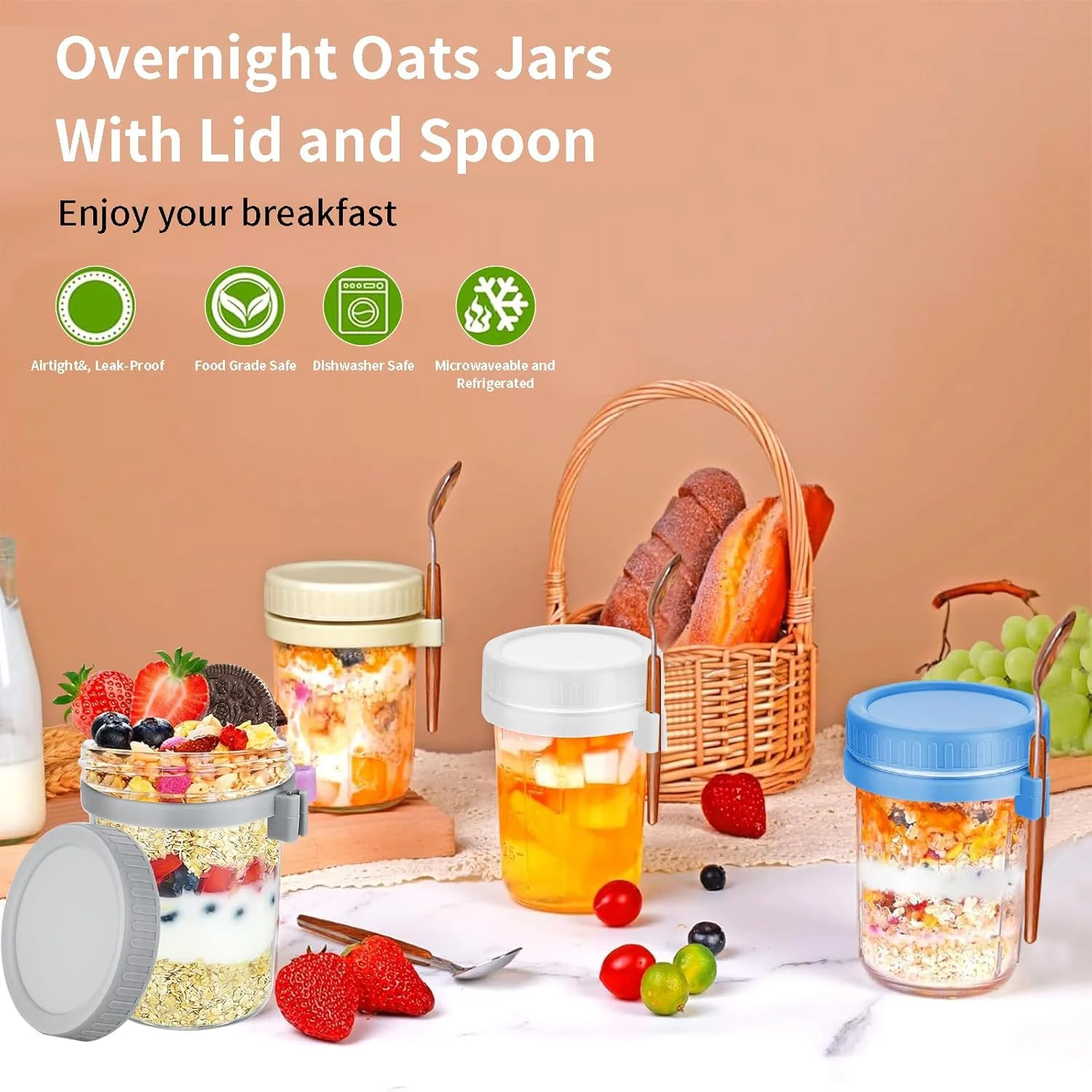 ظروف شیشه ای جو دوسر Yoawllty، بسته 4 عددی، شیشه مربا با درب و قاشق، ظروف شیشه ای 470 میلی لیتری برای جو دوسر، ظروف مناسب برای غلات، میوه، سبزیجات، شیر، سالاد، ماست ظروف شیشه ای جو دوسر Yoawllty، بسته 4 عددی، شیشه مربا با درب و قاشق، ظروف شیشه ای 470 میلی لیتری برای جو دوسر، ظروف مناسب برای غلات، میوه، سبزیجات، شیر، سالاد، ماست