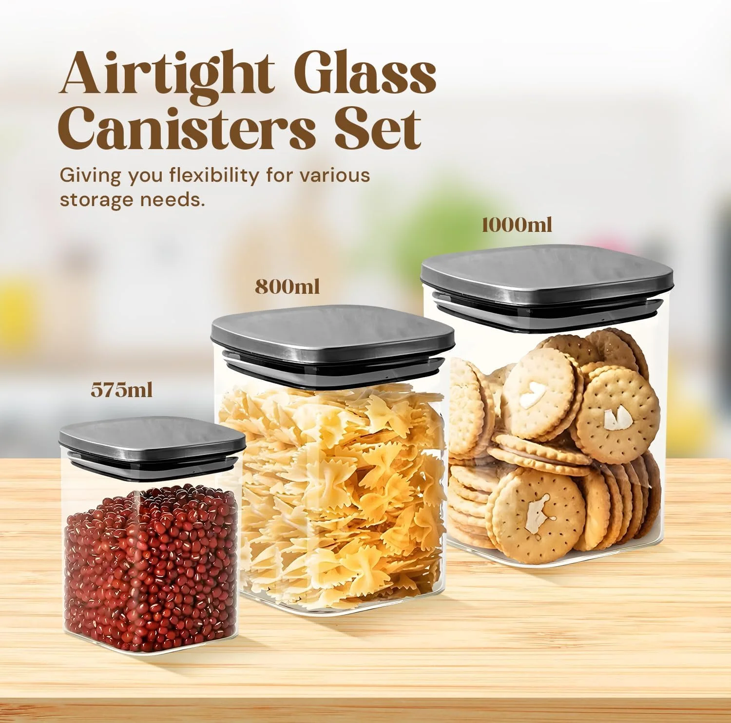 ست شیشه ای زی سلکت 3 عددی 575 میلی لیتر، 800 میلی لیتر، 1000 میلی لیتر | ست ظروف شیشه ای درب دار | ظروف نگهداری ضد نشت | ظروف آشپزخانه برای قهوه، آرد، شکر، آبنبات، کلوچه | ظروف نگهداری