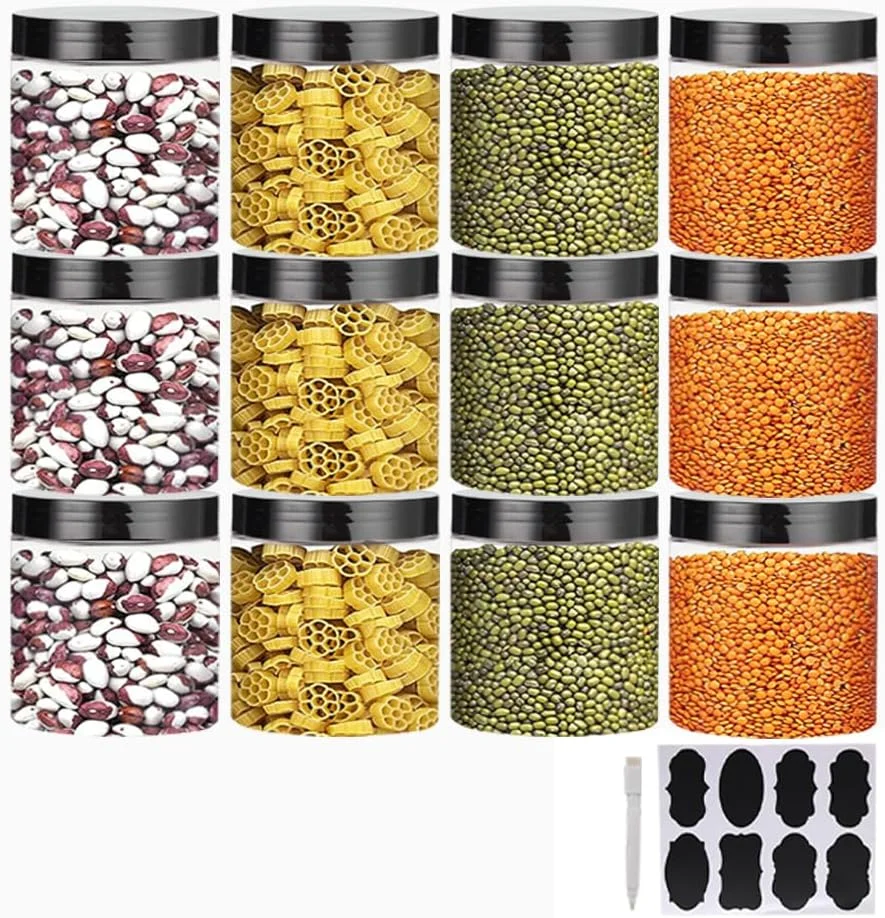 مجموعه 12 عددی ظروف پلاستیکی 500 میلی لیتری YBCPACK با درب، برچسب و یک قلم، ظروف نگهداری پلاستیکی شفاف برای نگهداری مواد غذایی، نگهداری لوازم صنایع دستی، ظروف نگهداری مواد غذایی خشک، تنقلات، بادام زمینی، پودر و ادویه