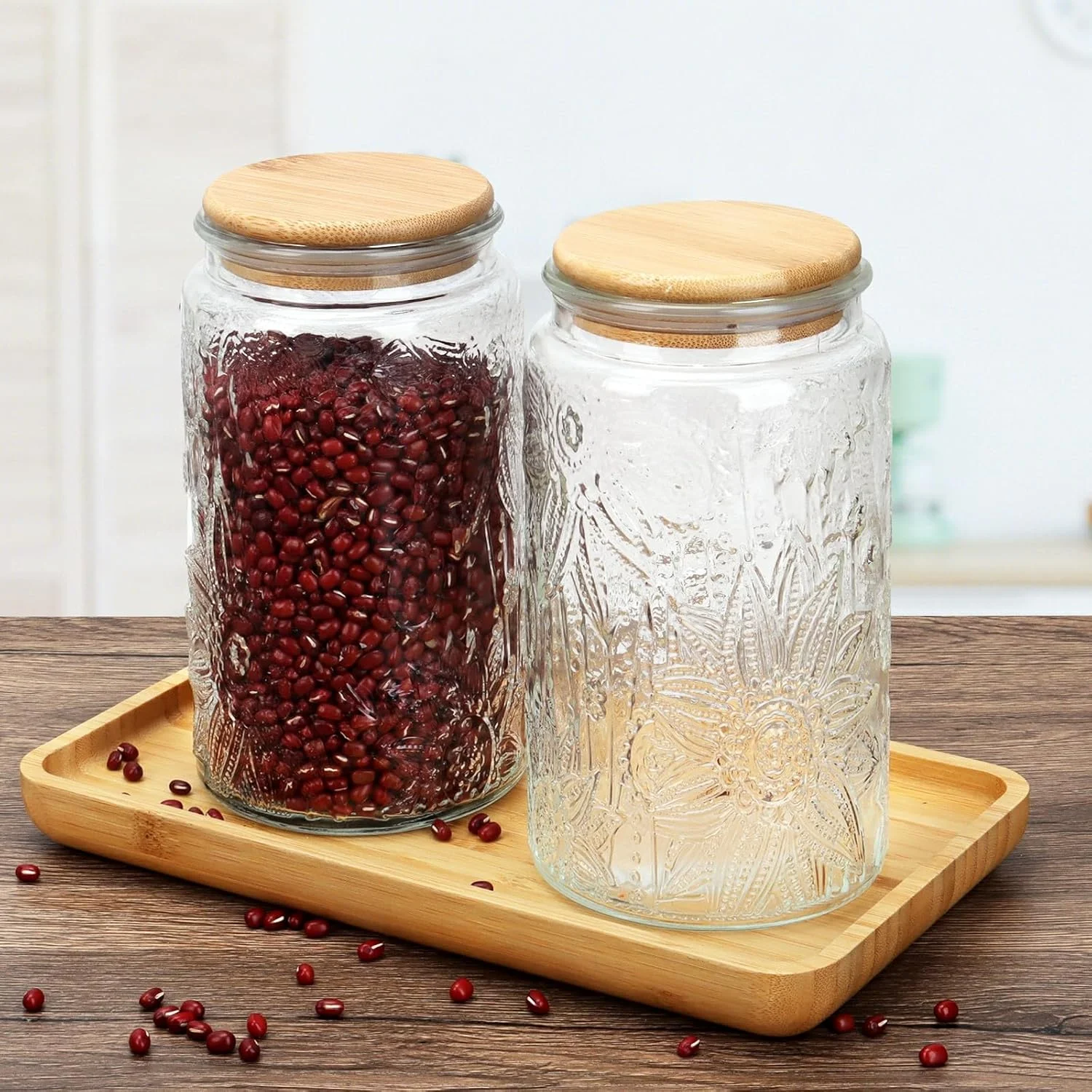 ظروف شیشه ای ذخیره سازی Yiter، ظروف ذخیره سازی درب دار و محکم با طرح قدیمی برای آجیل، چای، حبوبات، ظرف ذخیره سازی بزرگ برای آشپزخانه، انبار، 2 عدد 1000 میلی لیتری