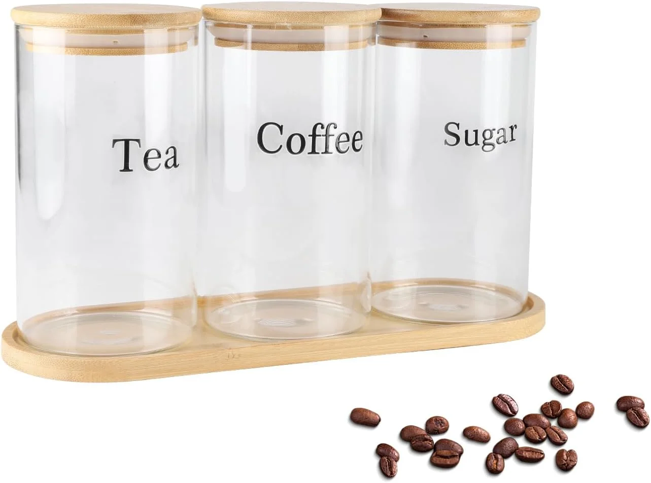 ست ظروف شیشه ای چای، قهوه و شکر Xbopetda، شیشه های درب دار، ظروف نگهداری چای، قهوه و شکر با درب های محکم و سینی چوبی، ظروف نگهداری مواد غذایی برای سازماندهی و نگهداری آشپزخانه - شفاف