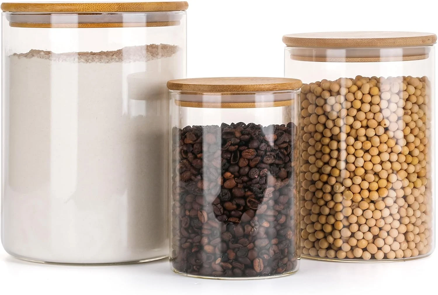 ظروف شیشه ای ذخیره سازی آرد Wnaraa با درب، شیشه های شیشه ای با درب بامبو، شیشه بزرگ ذخیره سازی مواد غذایی، شکر، ظرف ذخیره سازی مواد غذایی برای پاستا، برنج، آرد، جو دوسر، آجیل، چای، ادویه (گرد 800ml+1600ml+3000ml)