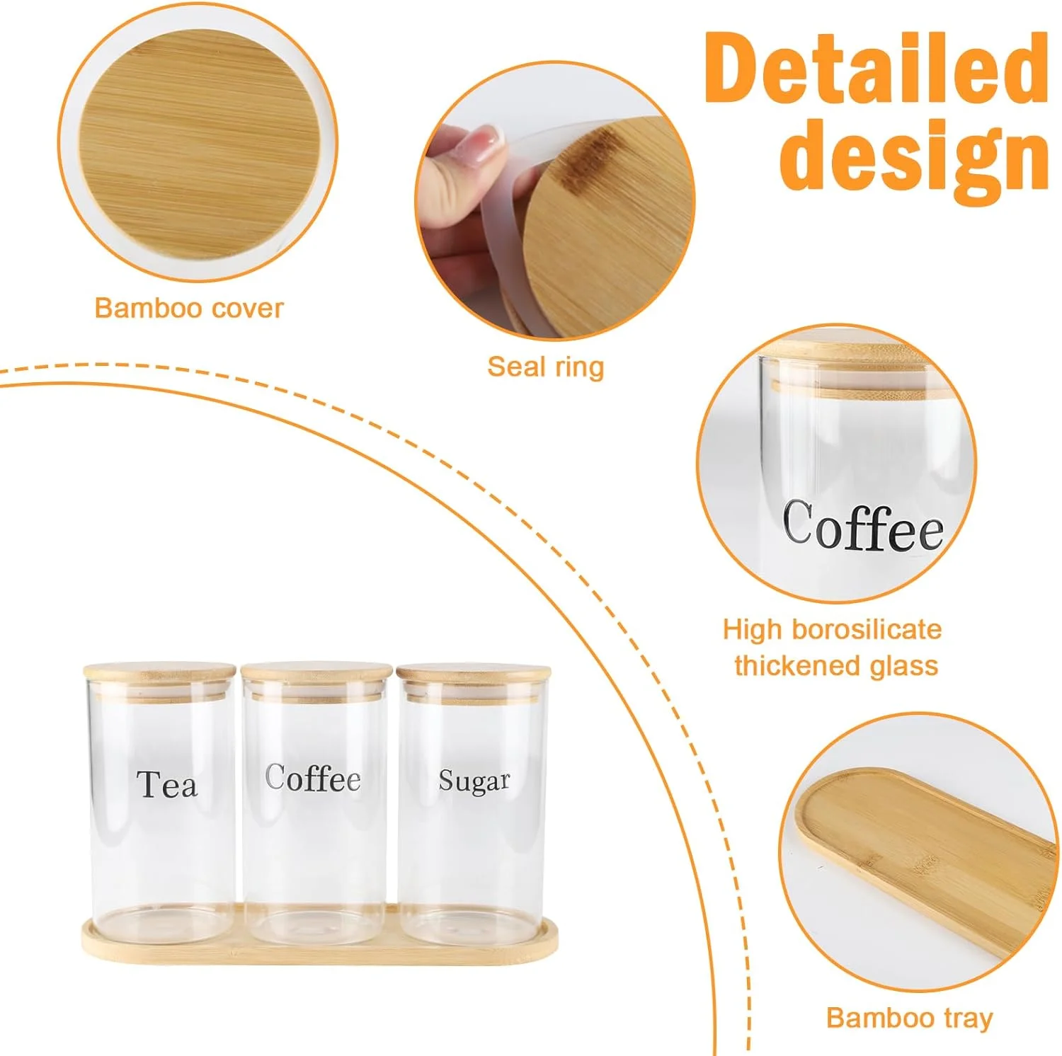 ست ظروف شیشه ای چای، قهوه و شکر Xbopetda، شیشه های درب دار، ظروف نگهداری چای، قهوه و شکر با درب های محکم و سینی چوبی، ظروف نگهداری مواد غذایی برای سازماندهی و نگهداری آشپزخانه - شفاف