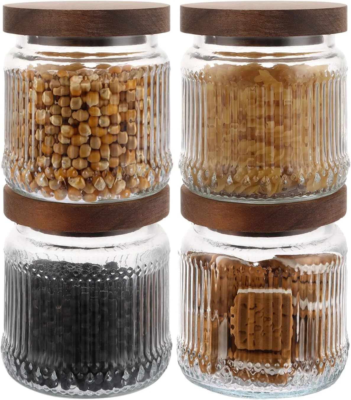 ست 4 عددی شیشه های درب چوبی، شیشه های ذخیره سازی مواد غذایی 500 میلی لیتری، شیشه های شفاف آشپزخانه برای چای، قهوه، شکر، حبوبات، غلات