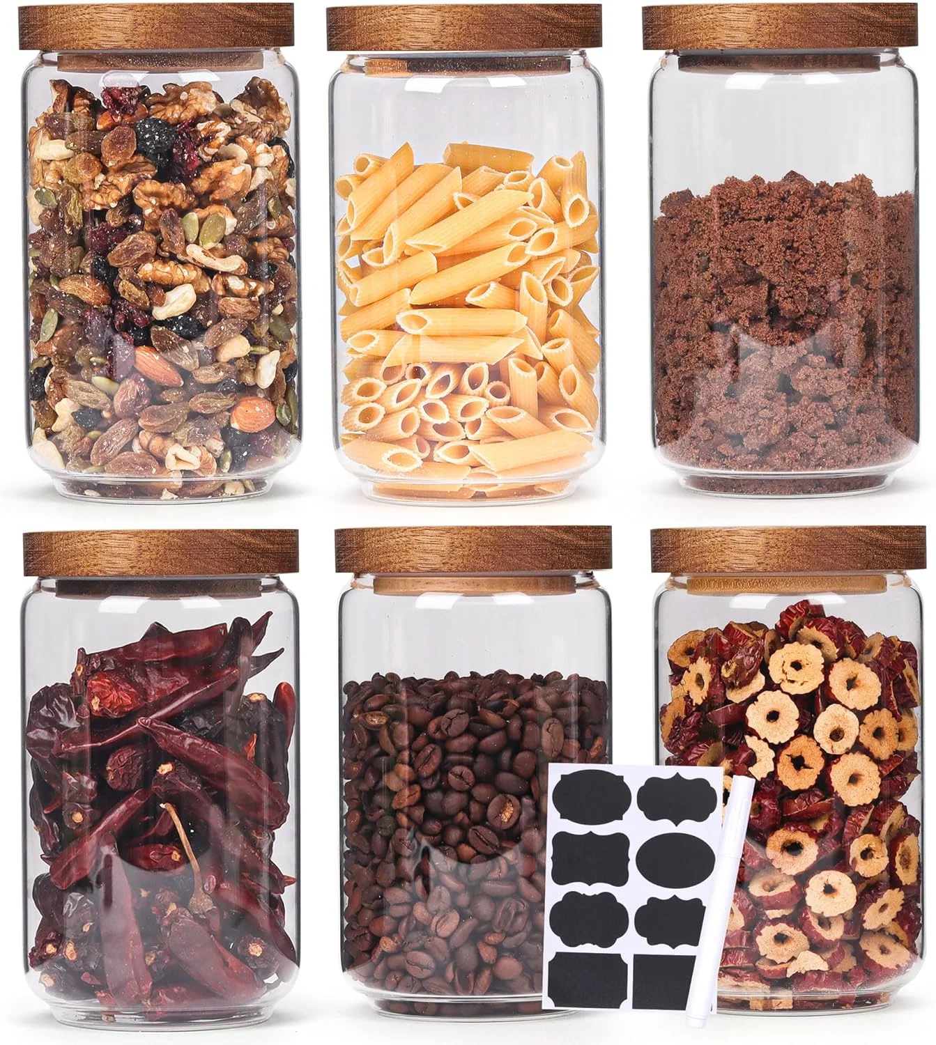 ست 6 عددی ظروف شیشه ای ذخیره سازی مواد غذایی Wnaraa با درب چوبی هواگیر - ظروف شیشه ای آشپزخانه 680 گرمی با برچسب های قابل استفاده مجدد و قلم - ظروف شیشه ای ذخیره سازی مواد غذایی با درب چوبی برای چای، شکر، کلوچه، قهوه