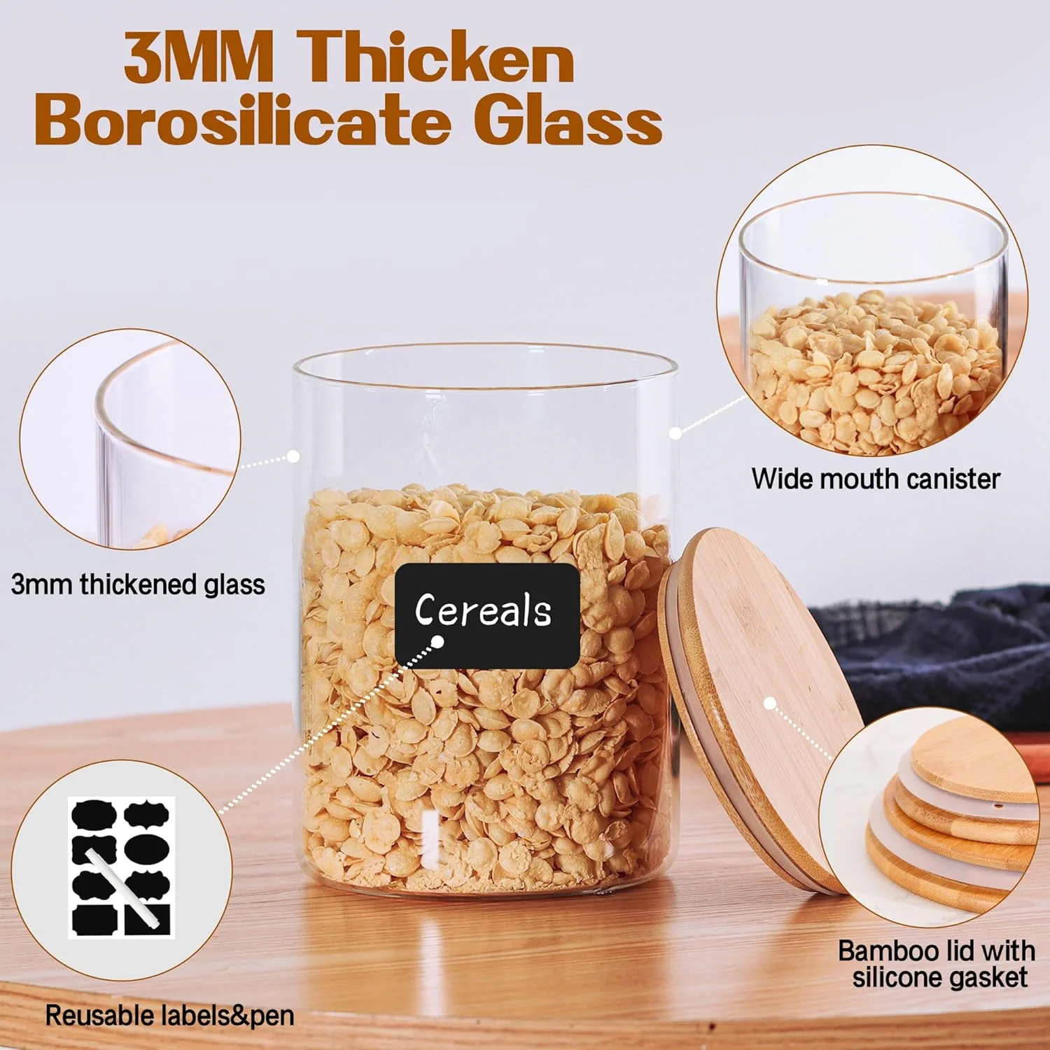 ظروف شیشه ای ذخیره سازی آرد Wnaraa با درب، شیشه های شیشه ای با درب بامبو، شیشه بزرگ ذخیره سازی مواد غذایی، شکر، ظرف ذخیره سازی مواد غذایی برای پاستا، برنج، آرد، جو دوسر، آجیل، چای، ادویه (گرد 800ml+1600ml+3000ml)