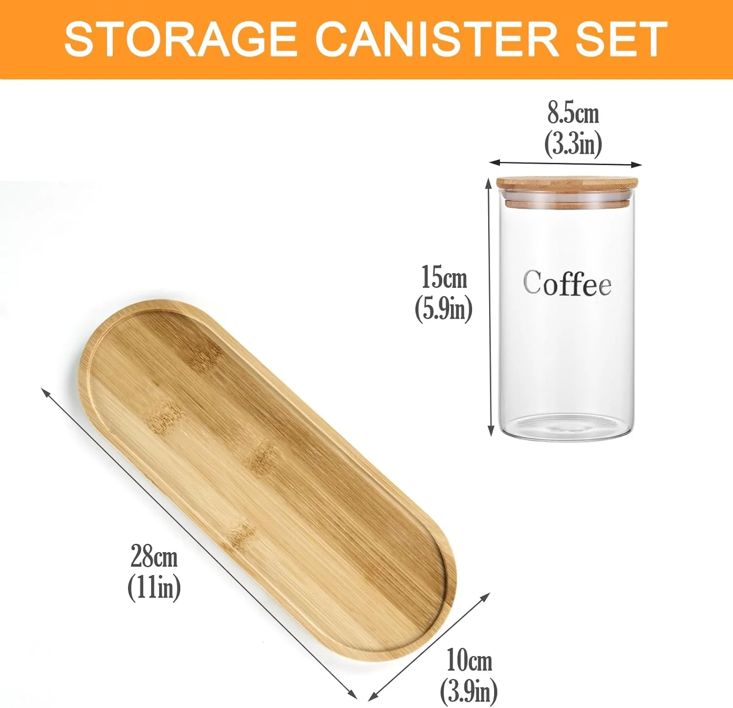 ست ظروف شیشه ای چای، قهوه و شکر Xbopetda، شیشه های درب دار، ظروف نگهداری چای، قهوه و شکر با درب های محکم و سینی چوبی، ظروف نگهداری مواد غذایی برای سازماندهی و نگهداری آشپزخانه - شفاف