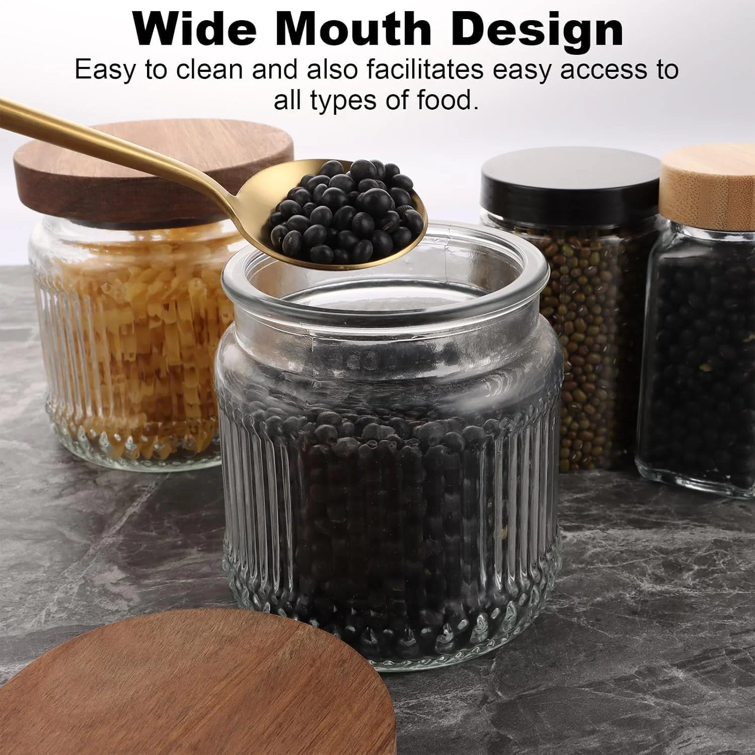 ست 4 عددی شیشه های درب چوبی، شیشه های ذخیره سازی مواد غذایی 500 میلی لیتری، شیشه های شفاف آشپزخانه برای چای، قهوه، شکر، حبوبات، غلات